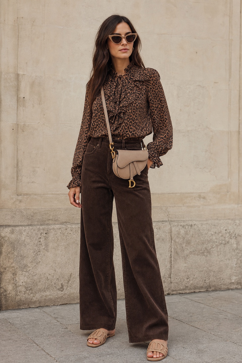 Outfit with Brown Leopard-Print Blouse, Brown Corduroy Wide-Leg Trousers, Slide Sandals curated by @dopasnap