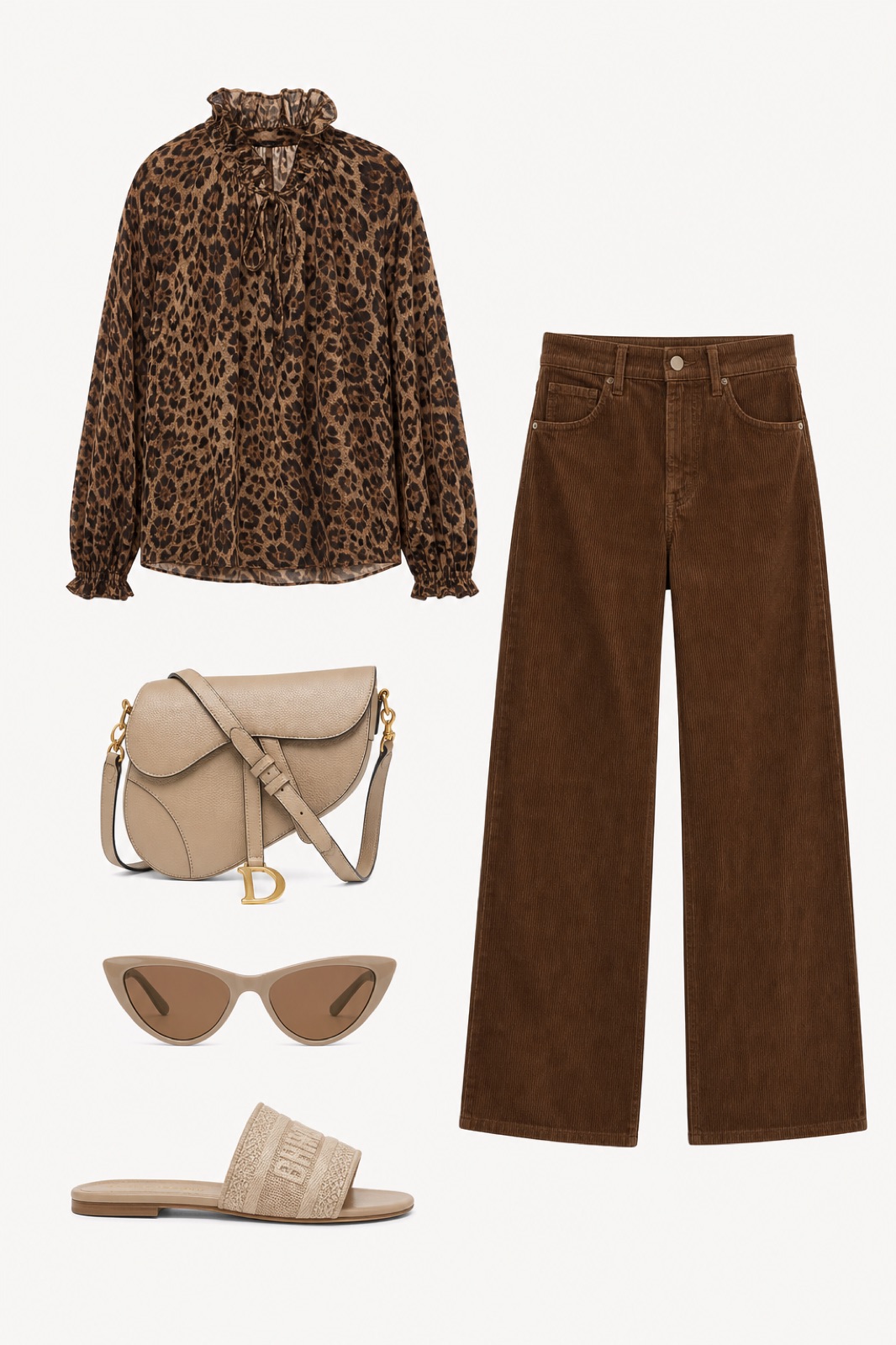 Outfit with Brown Leopard-Print Blouse, Brown Corduroy Wide-Leg Trousers, Slide Sandals curated by @dopasnap