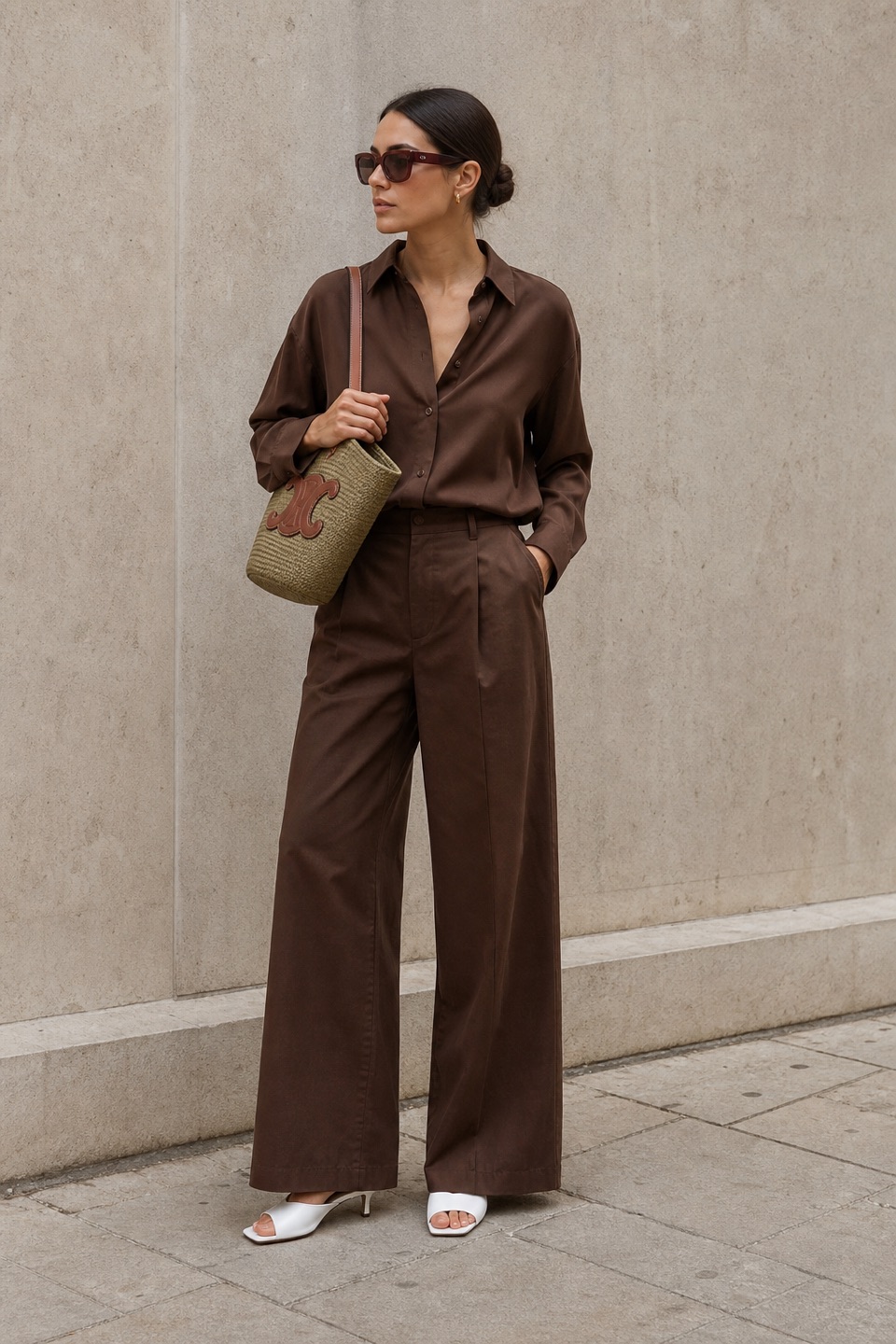 Outfit with Brown Silk Shirt, Brown Wide-Leg Trousers, White Mule Heels curated by @dopasnap
