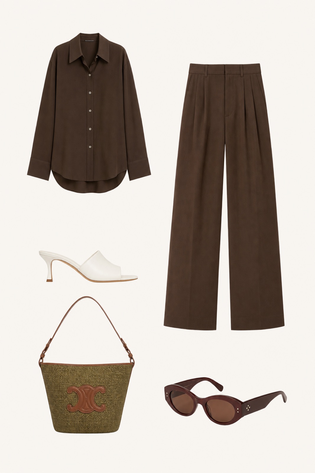 Outfit with Brown Silk Shirt, Brown Wide-Leg Trousers, White Mule Heels curated by @dopasnap