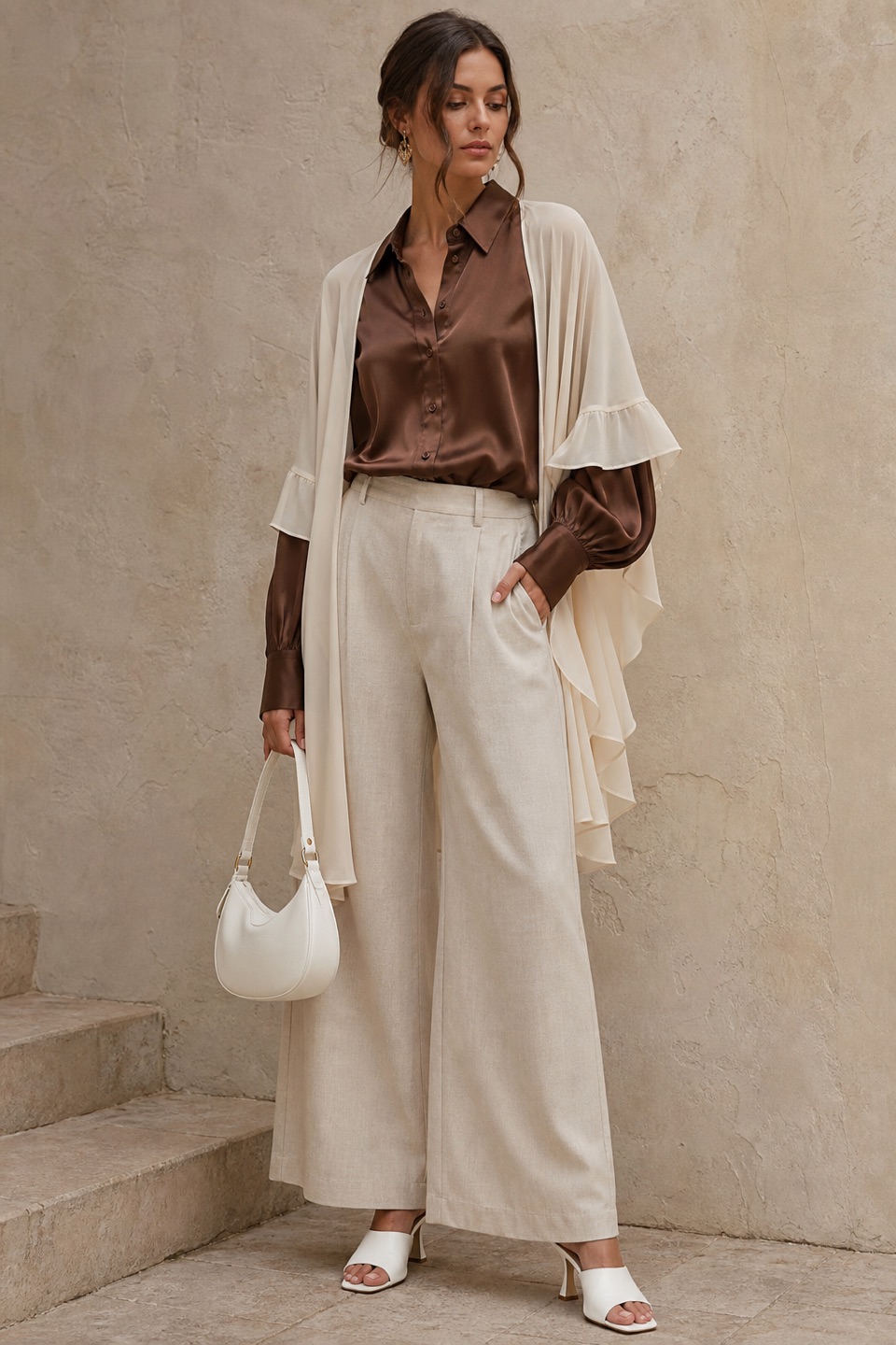 Outfit with Brown Satin Shirt, Wide-Leg Trousers, Chiffon Cape Shrug curated by @dopasnap