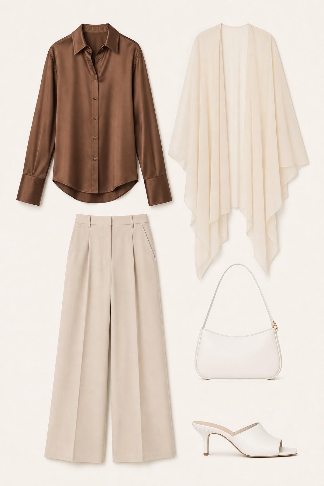 Outfit with Brown Satin Shirt, Wide-Leg Trousers, Chiffon Cape Shrug curated by @dopasnap