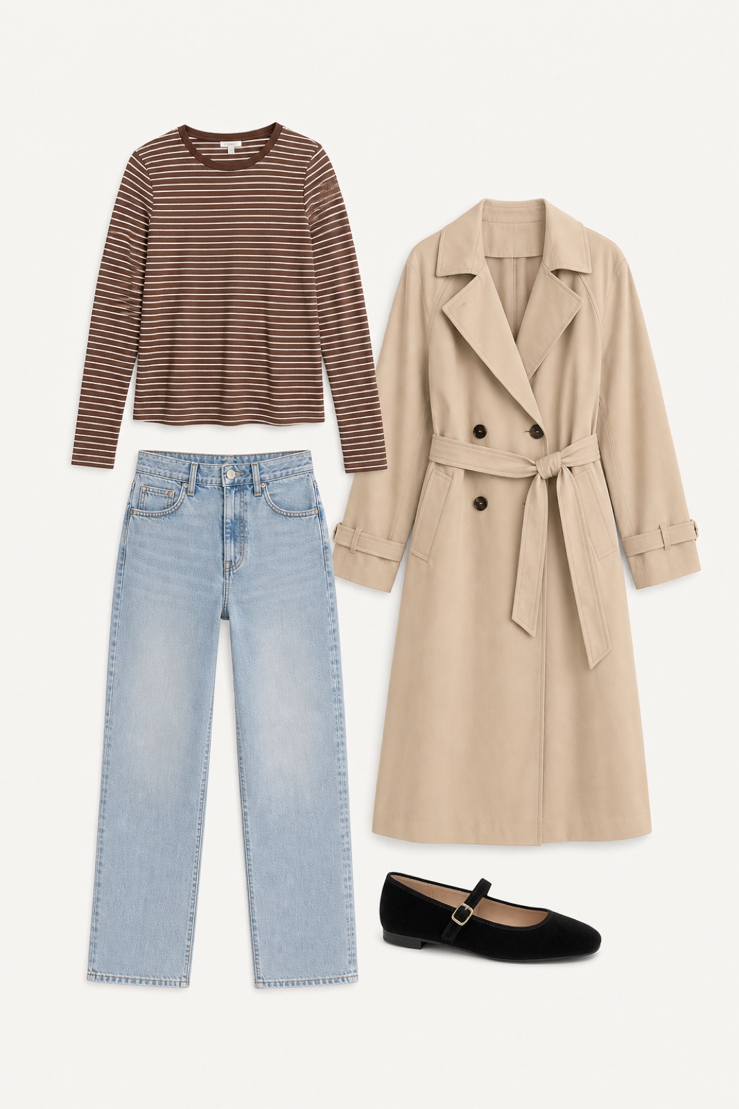 Outfit with Women's Square-Toe Mary Jane Ballet Flat with Adjustable Metal Buckle, Beige Women's Double Breasted Long Trench Coat Windproof Classic, Brown Women Long Sleeve Tops Striped Shirts Crew Neck Tshirt Basic Tee curated by @dopasnap