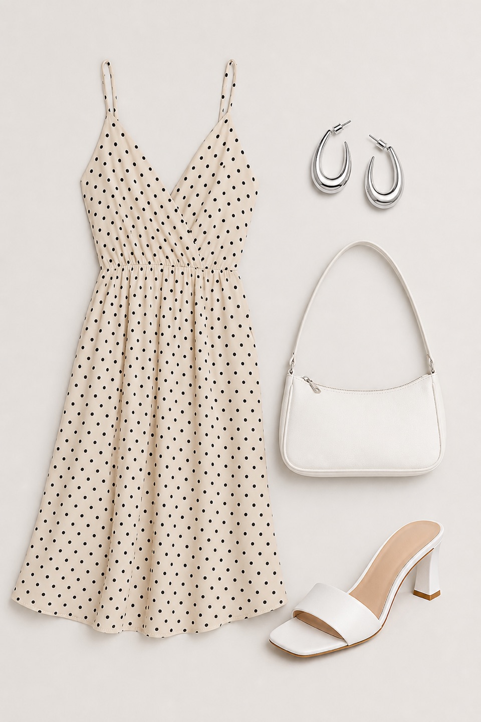 Outfit with BROVAVE Vestido de verano para mujer 2025, casual, bohemio, con lunares, tirantes delgados, cuello en V, vestido midi fluido, White Mule Heels, White Shoulder Bag curated by @dopasnap