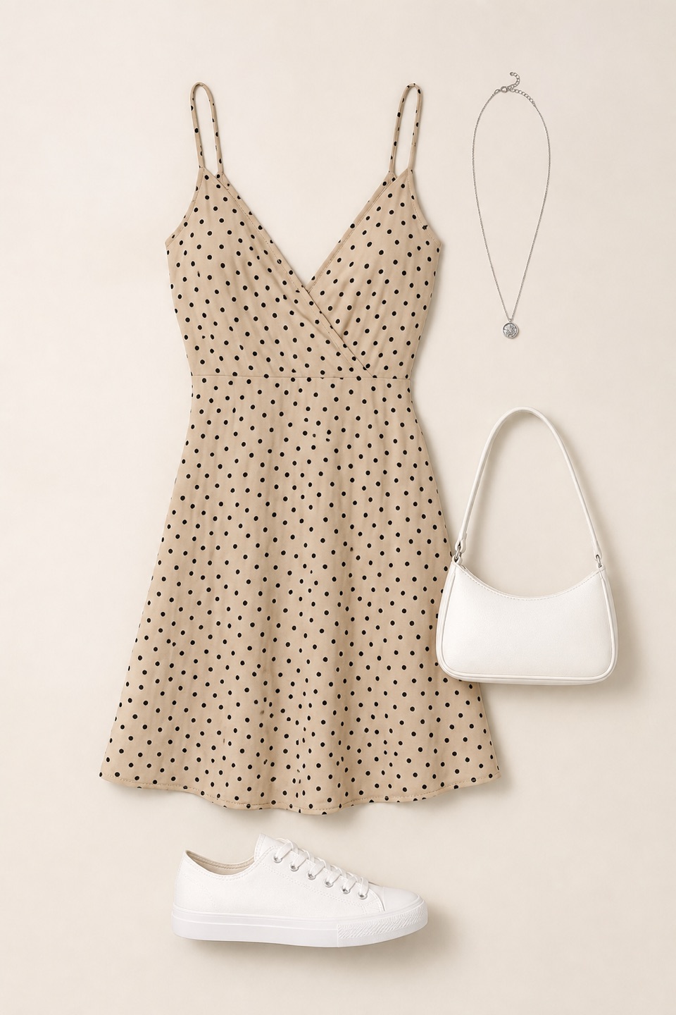 Outfit with BROVAVE Vestido de verano para mujer 2025, casual, bohemio, con lunares, tirantes delgados, cuello en V, vestido midi fluido, White canvas low-top sneaker, White Shoulder Bag curated by @dopasnap