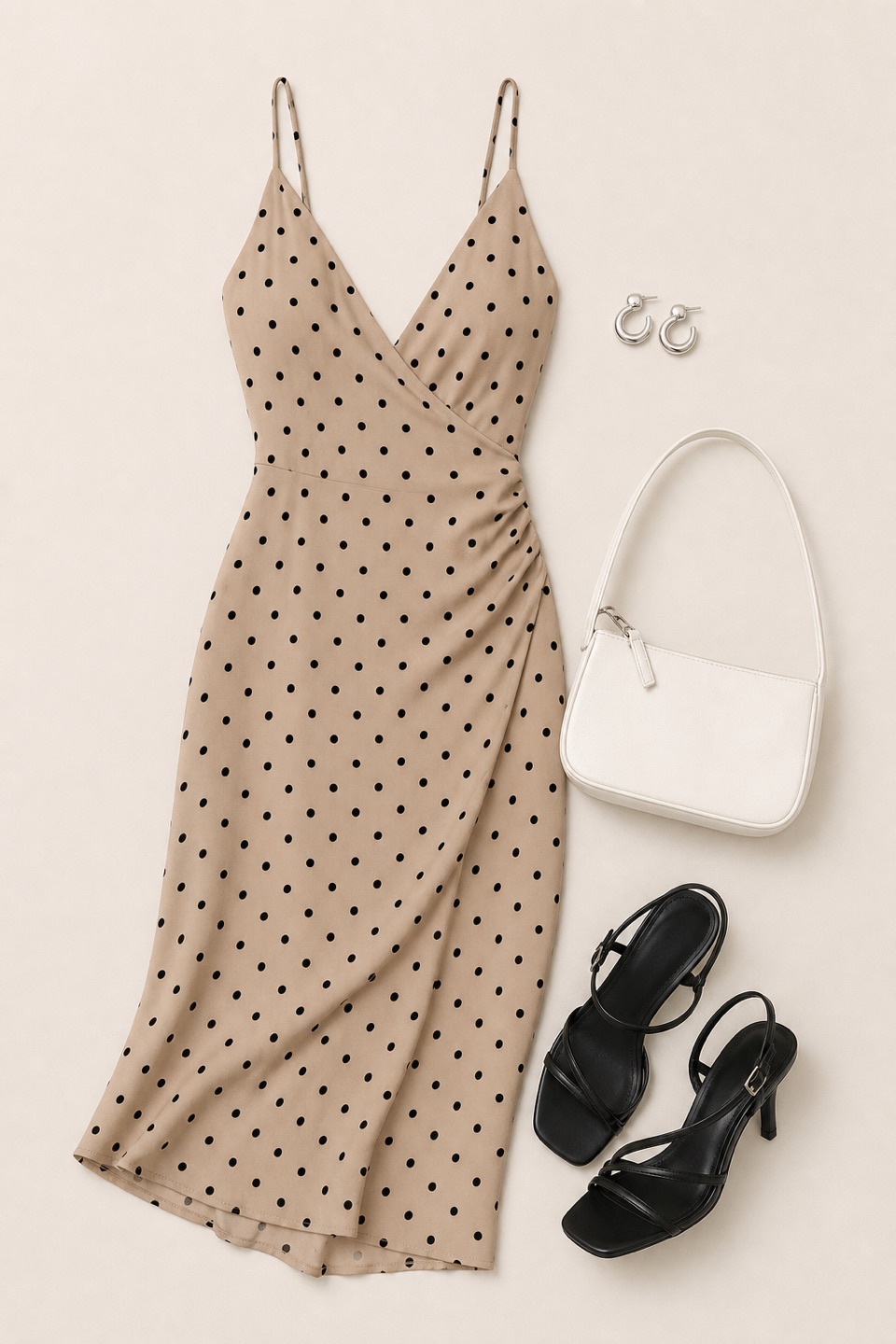 Outfit with BROVAVE Vestido de verano para mujer 2025, casual, bohemio, con lunares, tirantes delgados, cuello en V, vestido midi fluido, Black strappy leather heel sandals, White Shoulder Bag curated by @dopasnap