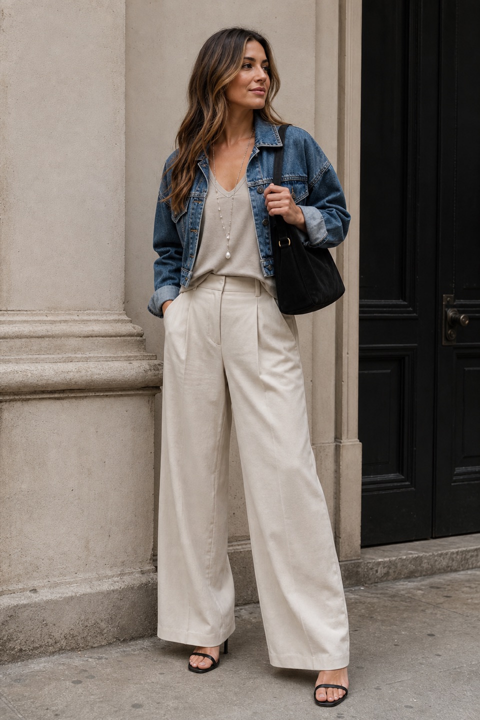 Outfit with V-Neck Tank Top, Wide-Leg Trousers, Cropped Denim Jacket curated by @dopasnap