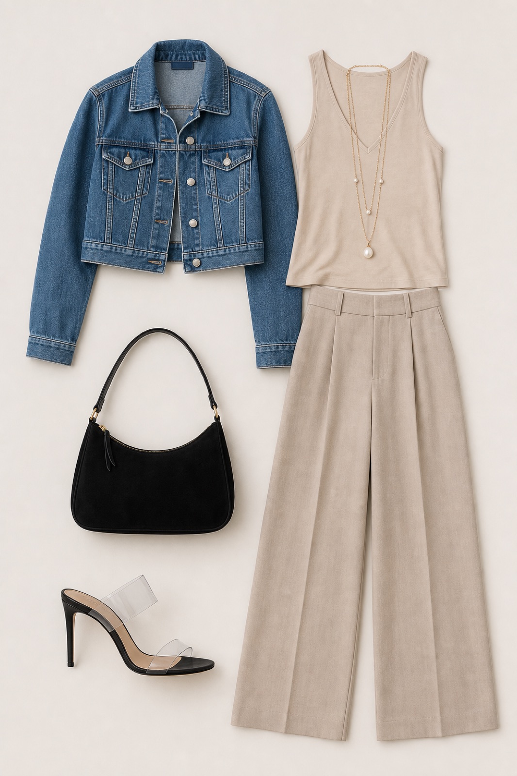 Outfit with V-Neck Tank Top, Wide-Leg Trousers, Cropped Denim Jacket curated by @dopasnap