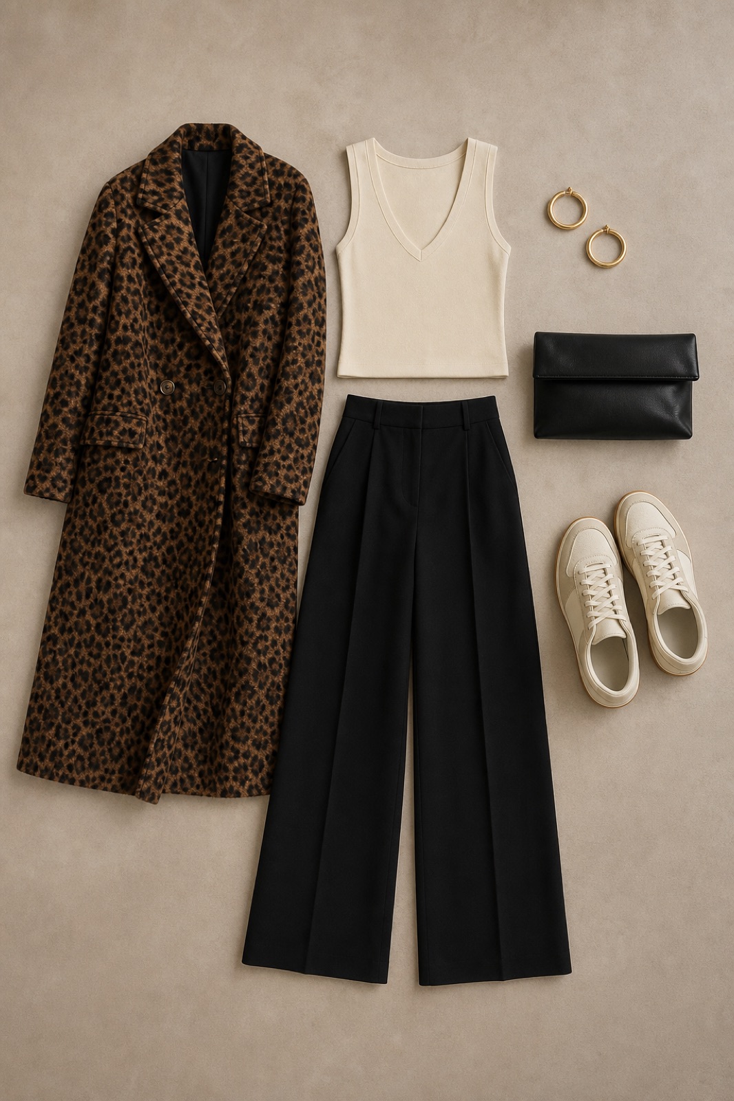 Outfit with V-Neck Tank Top, black tall high-waist wide-leg trousers, Brown Leopard-Print Double-Breasted Long Coat curated by @dopasnap