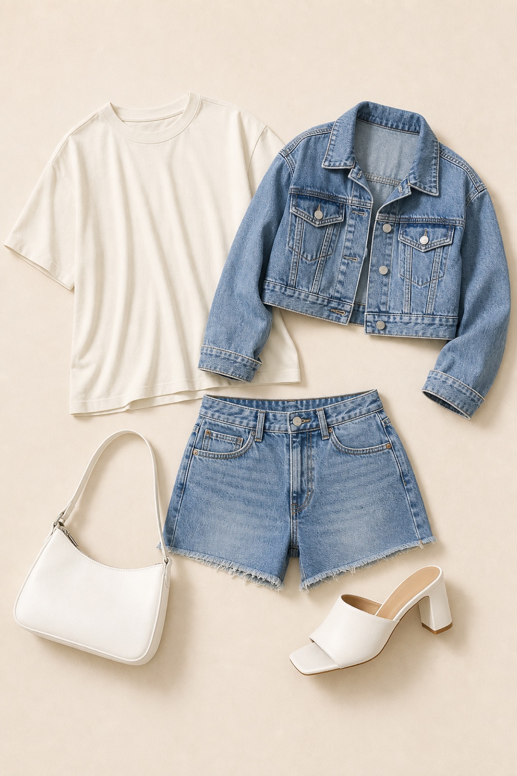 Outfit with Oversized Crew Neck T-Shirt, Denim Shorts, Cropped Denim Jacket curated by @dopasnap