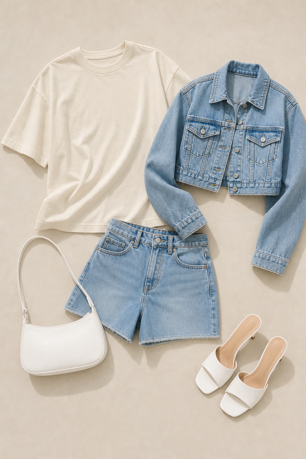Outfit with Oversized Crew Neck T-Shirt, Denim Shorts, Cropped Denim Jacket curated by @dopasnap