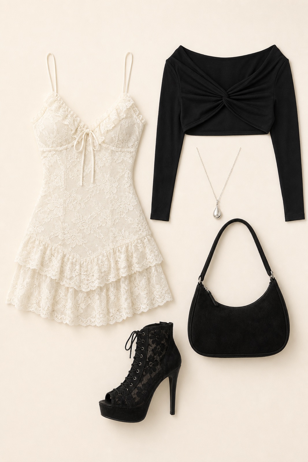 Outfit with BEAUDRM Vestidos Mini de Encaje con Volantes para Mujer, Sexy Y2K, Floral, Coquette, de Cuerpo Ajustado, para Cóctel, Fiesta de Boda, Salida | Coquette, Cocktail Wedding Party Goin, Black Twist-Front Off-Shoulder Ballet Shrug, black lace peep-toe platform ankle boots curated by @dopasnap