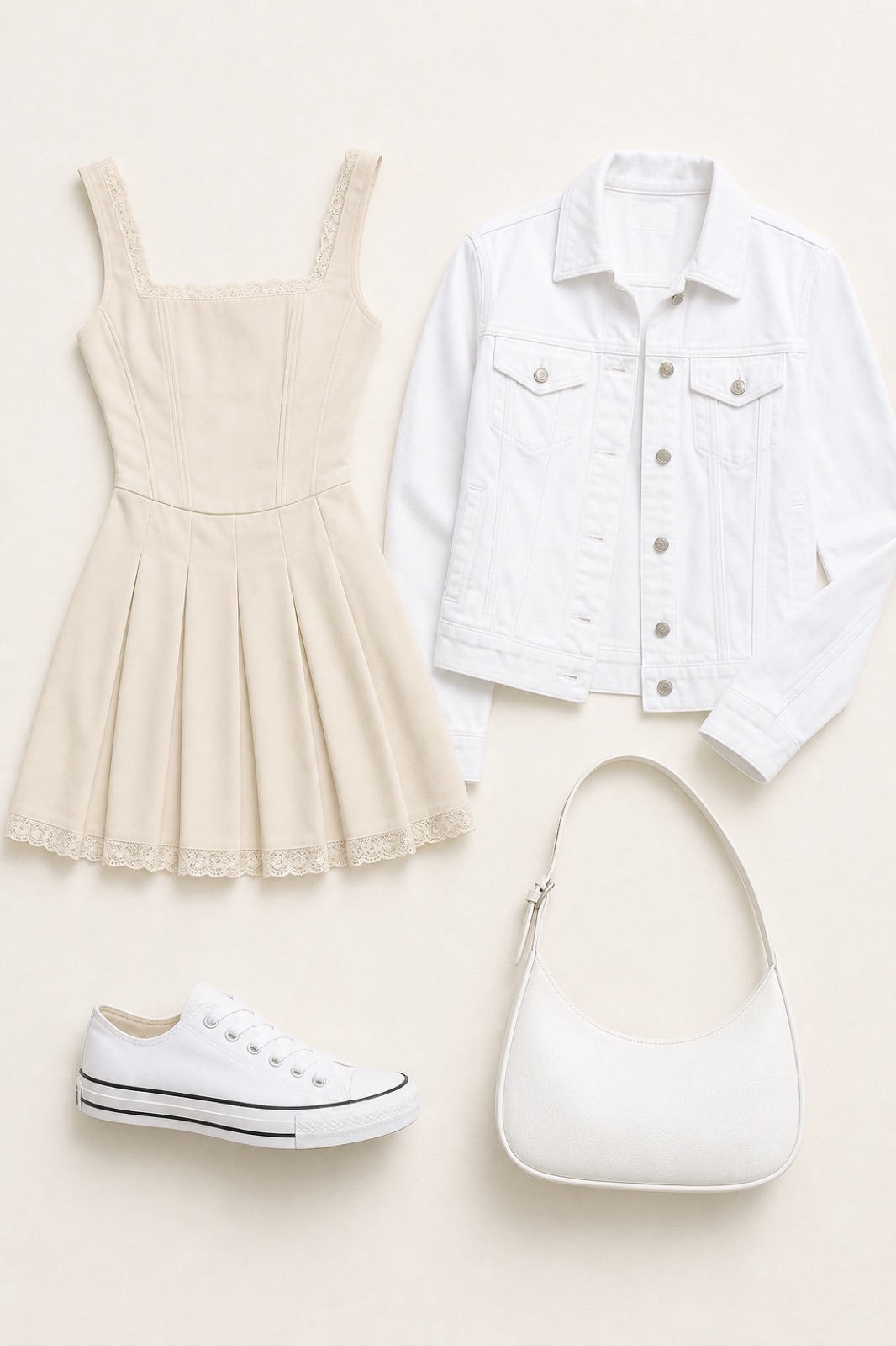 Outfit with OYOANGLE Minivestido plisado sin mangas para mujer, con ribete de encaje, tirantes anchos, bodycon Y2K coquette para salir, White Stretch Denim Trucker Jacket, White canvas low-top sneaker curated by @dopasnap
