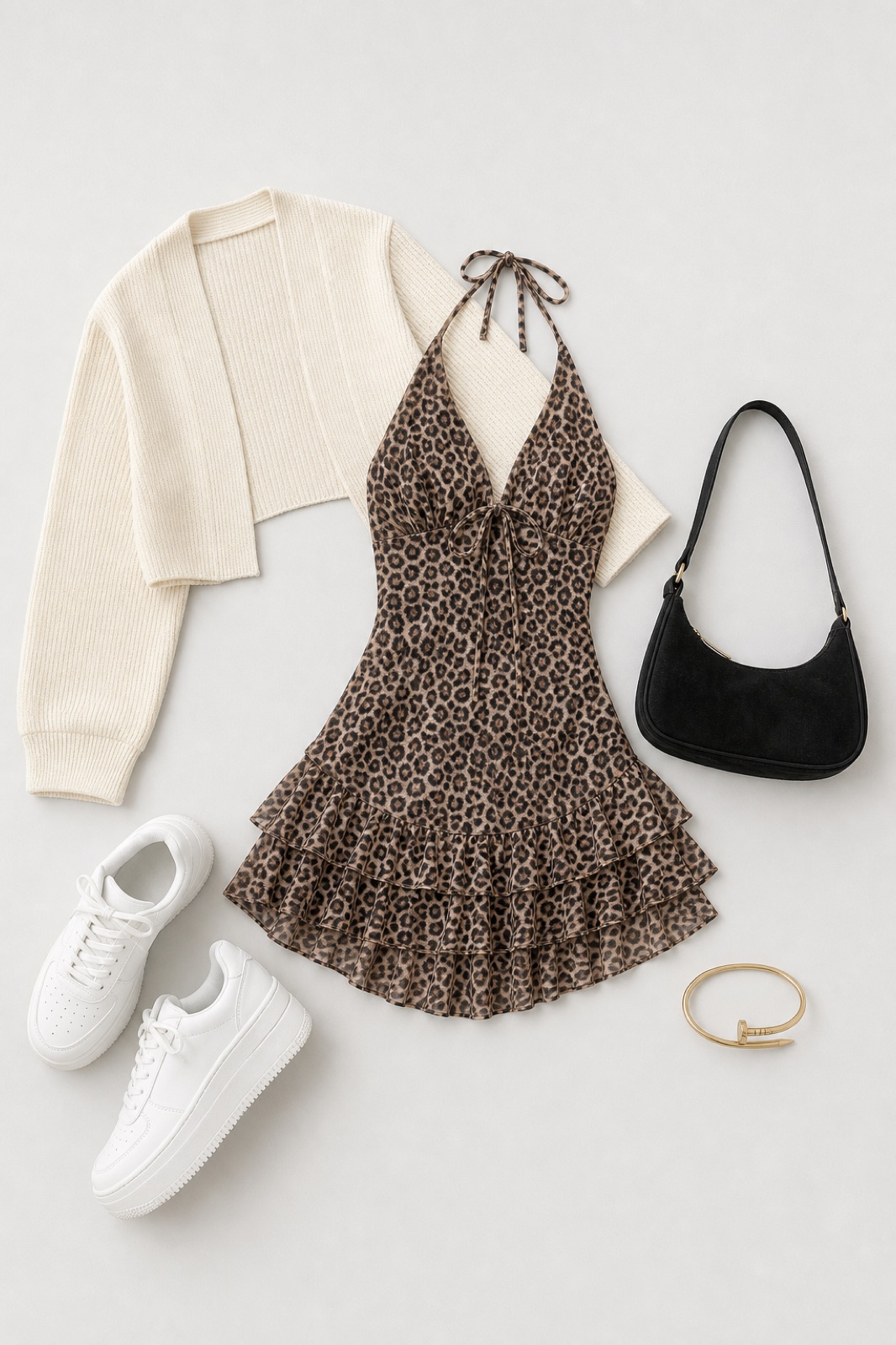Outfit with WDIRARA Vestido estilo halter con estampado de leopardo Y2k para mujer, con lazo, espalda descubierta, dobladillo con volantes en capas, mini vestidos de malla de guepardo | Vestid, Open Front Ribbed Knit Crop Bolero Drop Shoulder Long Sleeve Solid Loose Fit Knitted Crop Cardigan Shrug, White platform sneakers curated by @dopasnap