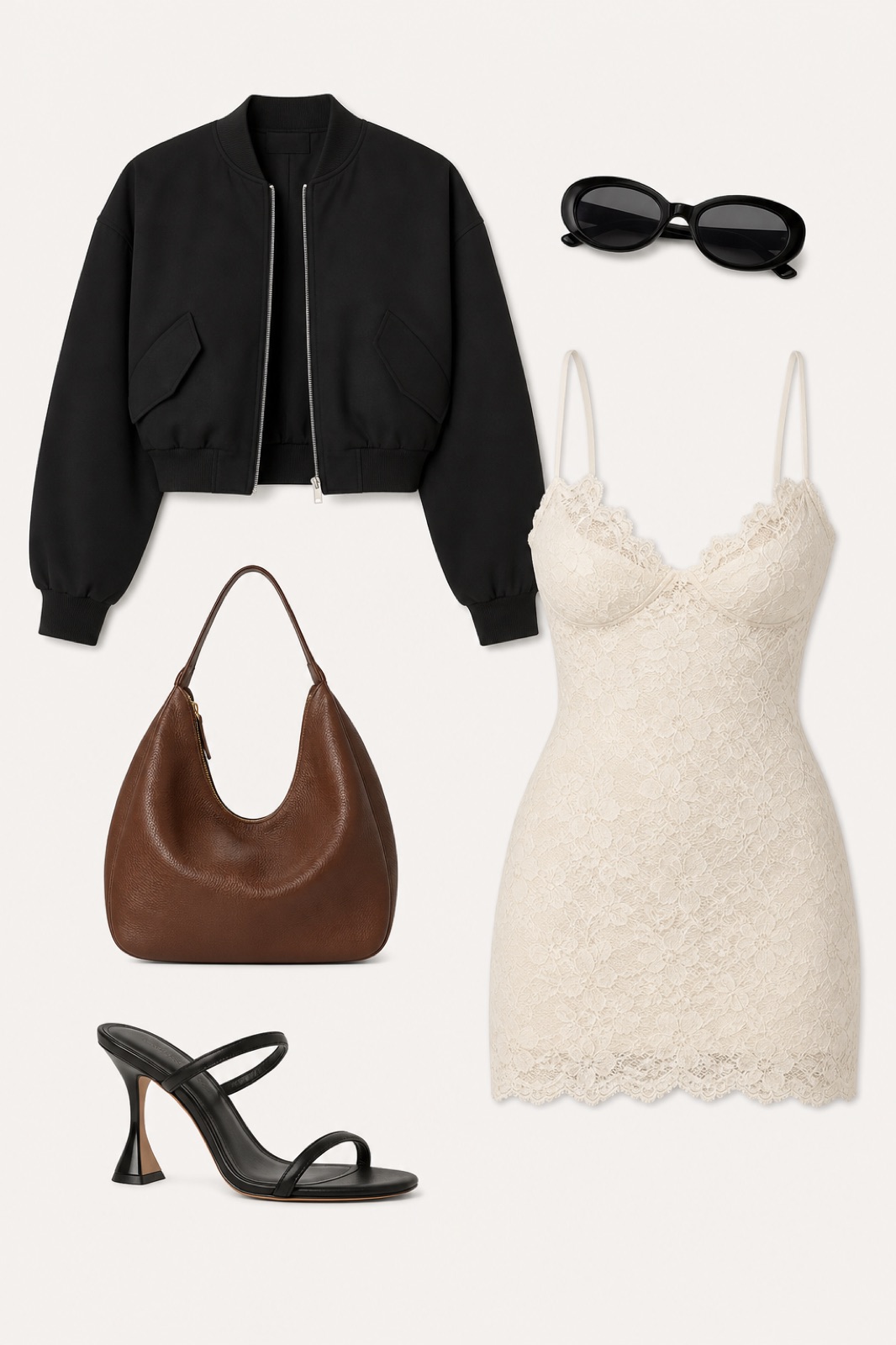 Outfit with SOLY HUX - Vestido mini de verano para mujer con tirantes de encaje floral, ajustado, para fiesta, tipo camisola | Borde de encaje, mini vestido, tirantes delgados, bodycon, fiesta, Black Cropped Structured Bomber Jacket, Black Sculptural Heel Leather Heel Sandal curated by @dopasnap