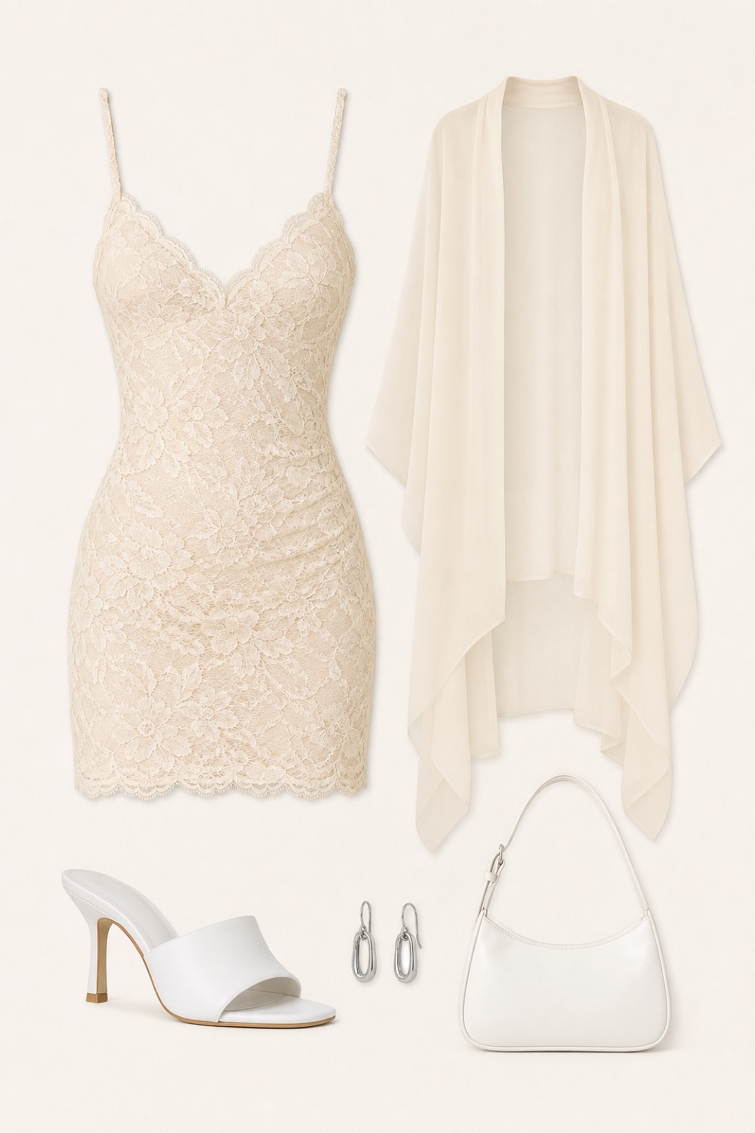 Outfit with SOLY HUX - Vestido mini de verano para mujer con tirantes de encaje floral, ajustado, para fiesta, tipo camisola | Borde de encaje, mini vestido, tirantes delgados, bodycon, fiesta, Hedovan Poncho de gasa para mujer, chal largo de malla transparente, chal alto y bajo, para novia, boda, vestido de noche, White Mule Heels curated by @dopasnap