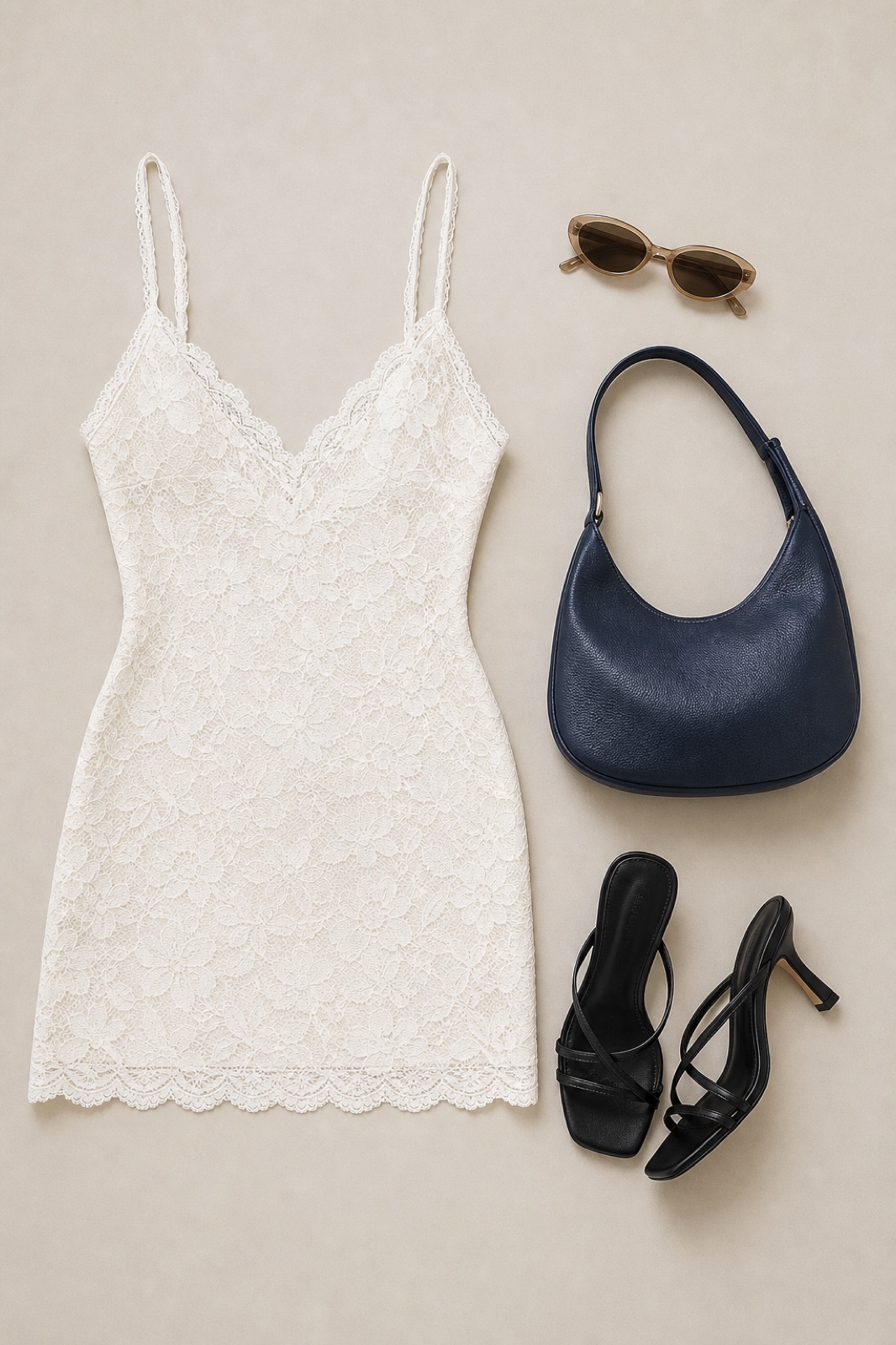 Outfit with SOLY HUX - Vestido mini de verano para mujer con tirantes de encaje floral, ajustado, para fiesta, tipo camisola | Borde de encaje, mini vestido, tirantes delgados, bodycon, fiesta, Black strappy leather heel sandals, Navy Hobo Shoulder Bag curated by @dopasnap