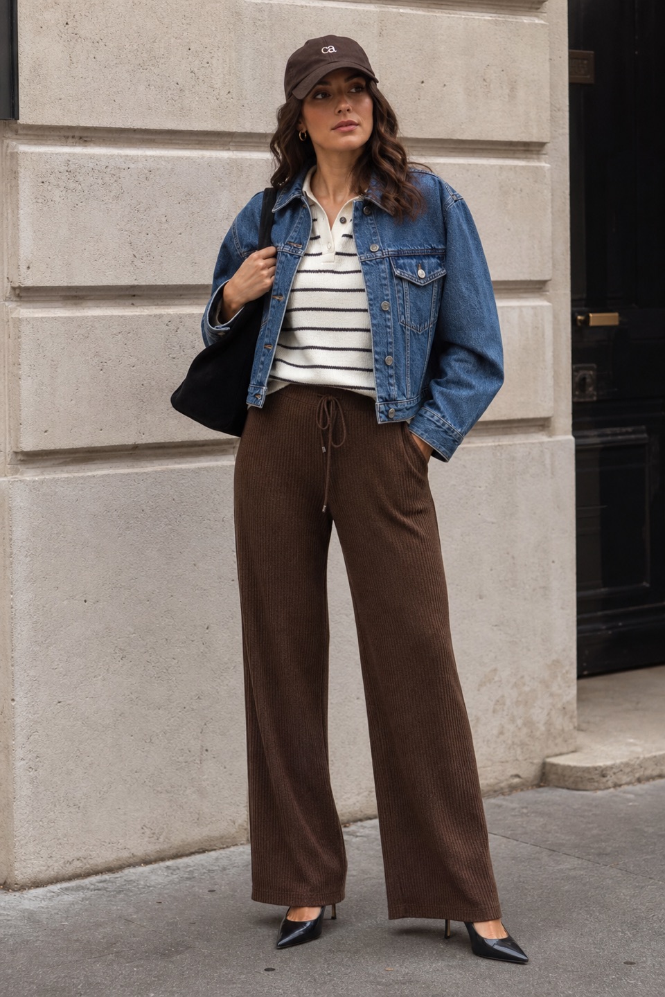 Outfit with Striped Polo Tee, Brown ribbed wide-leg drawstring pants, Cropped Denim Jacket curated by @dopasnap
