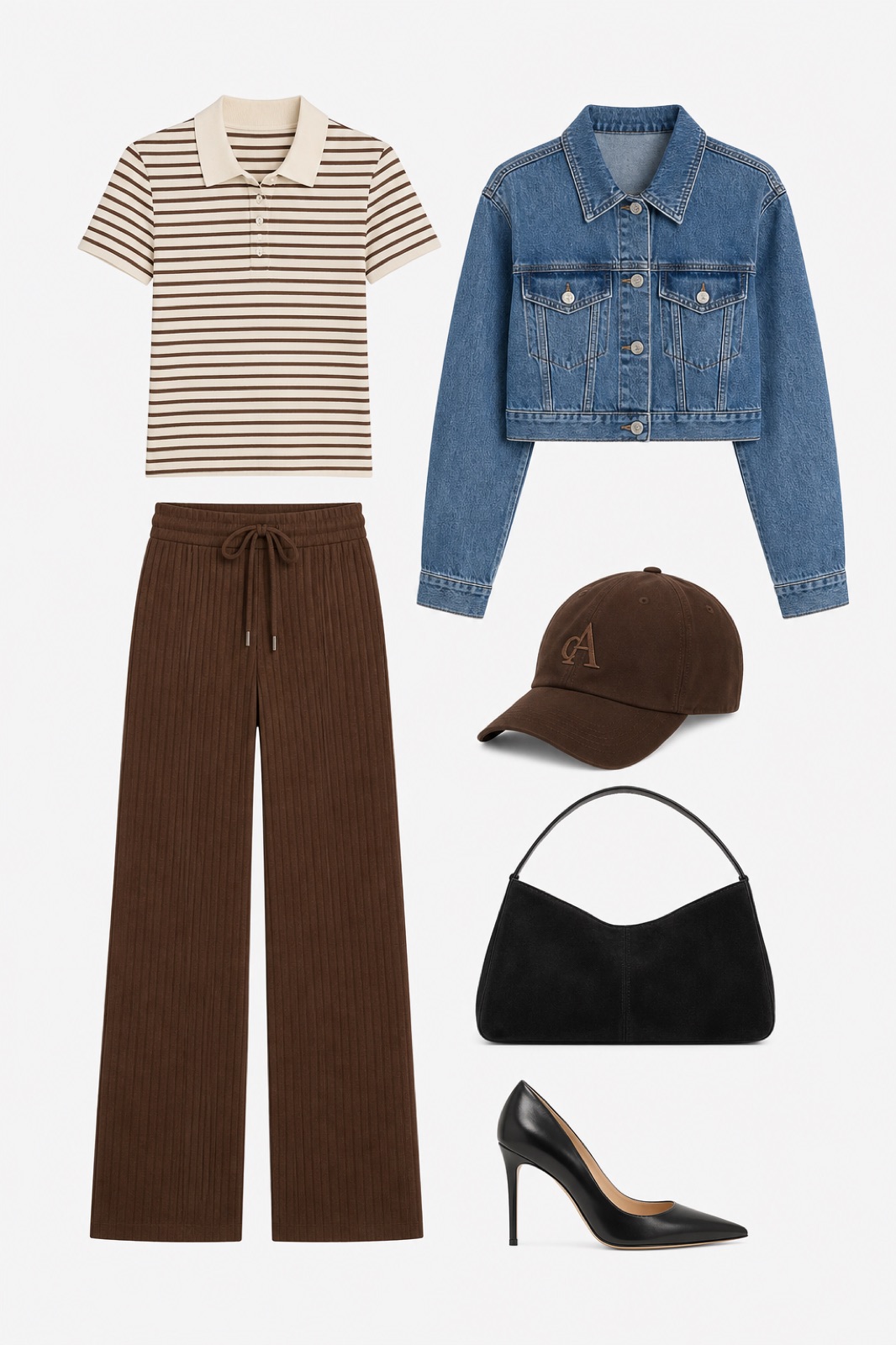Outfit with Striped Polo Tee, Brown ribbed wide-leg drawstring pants, Cropped Denim Jacket curated by @dopasnap