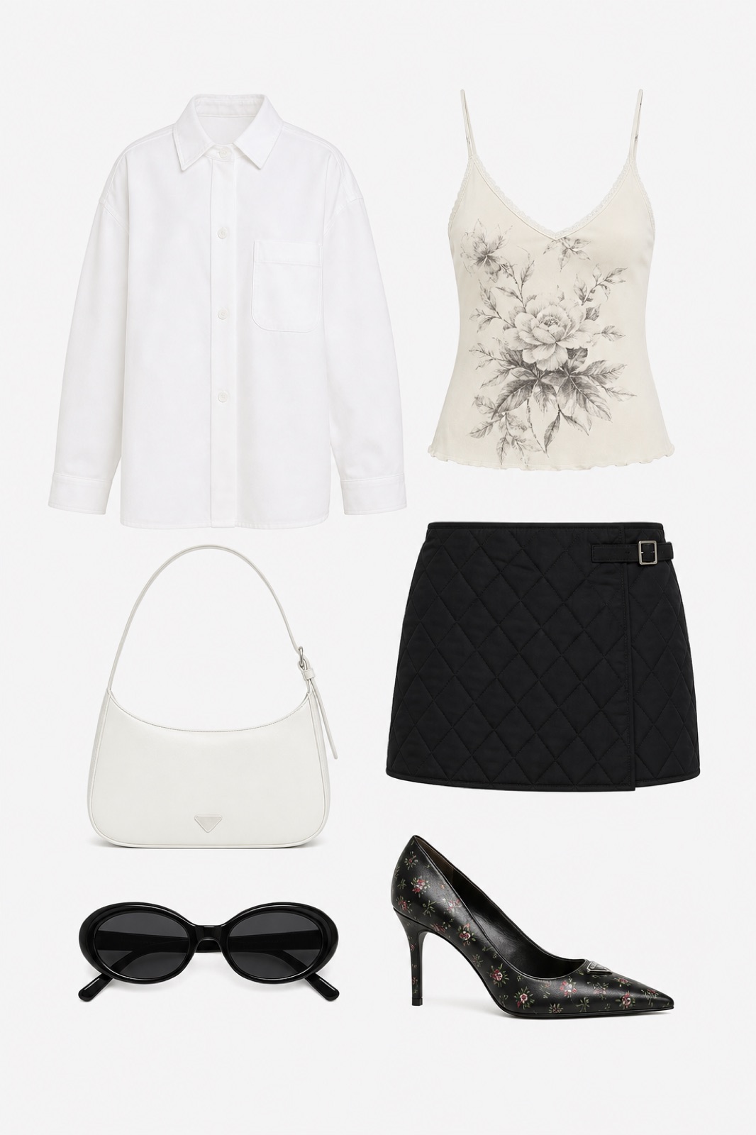 Outfit with Graphic Cami Top, Black Quilted Cotton Mini Skirt, White oversized button-up shirt jacket curated by @dopasnap