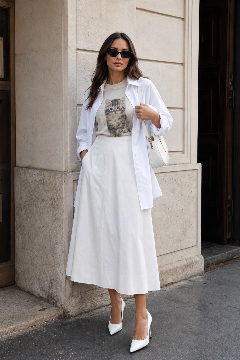 Outfit with Cat Graphic Tee, White Skirt, White oversized button-up shirt jacket curated by @dopasnap