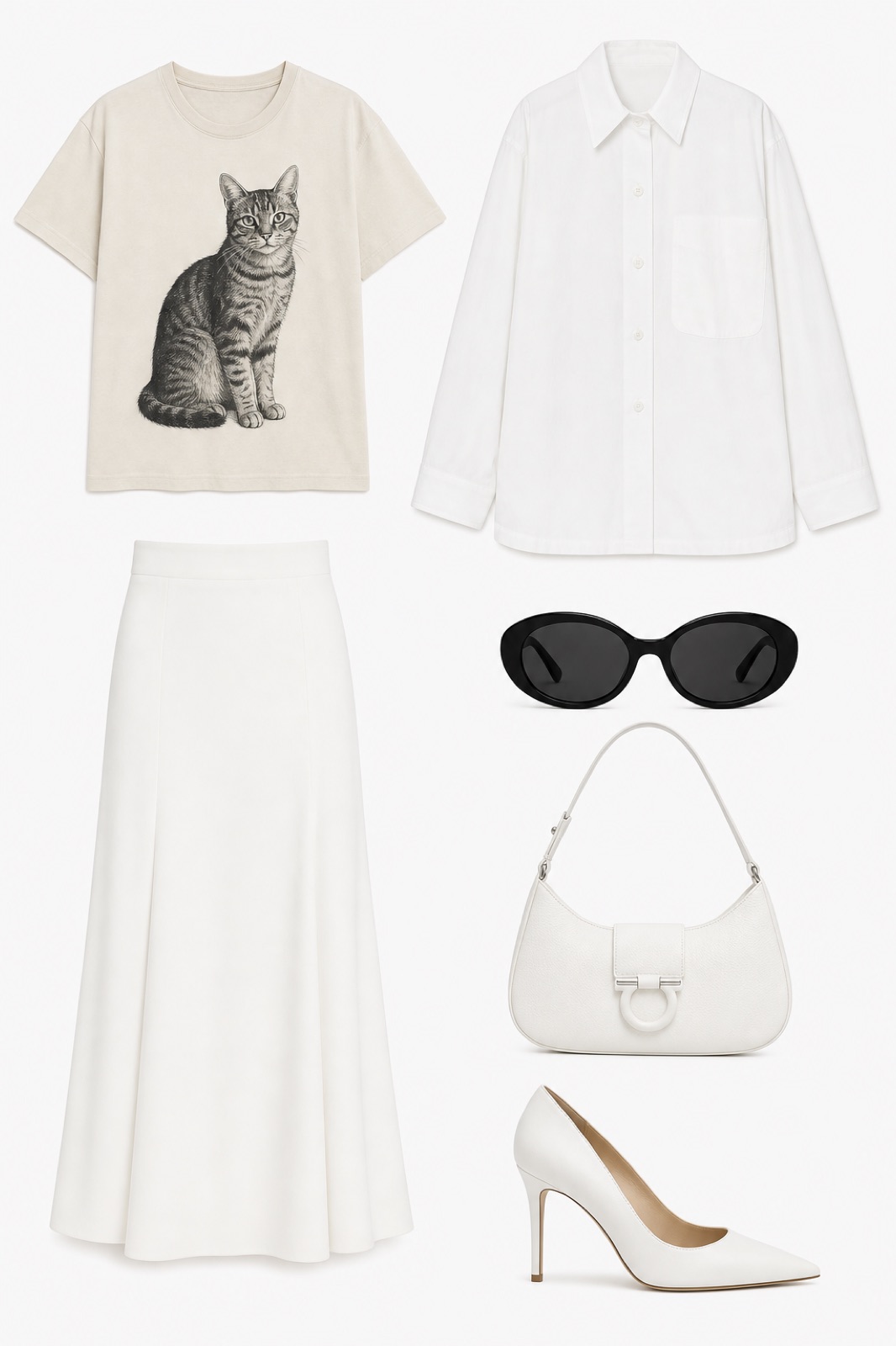 Outfit with Cat Graphic Tee, White Skirt, White oversized button-up shirt jacket curated by @dopasnap