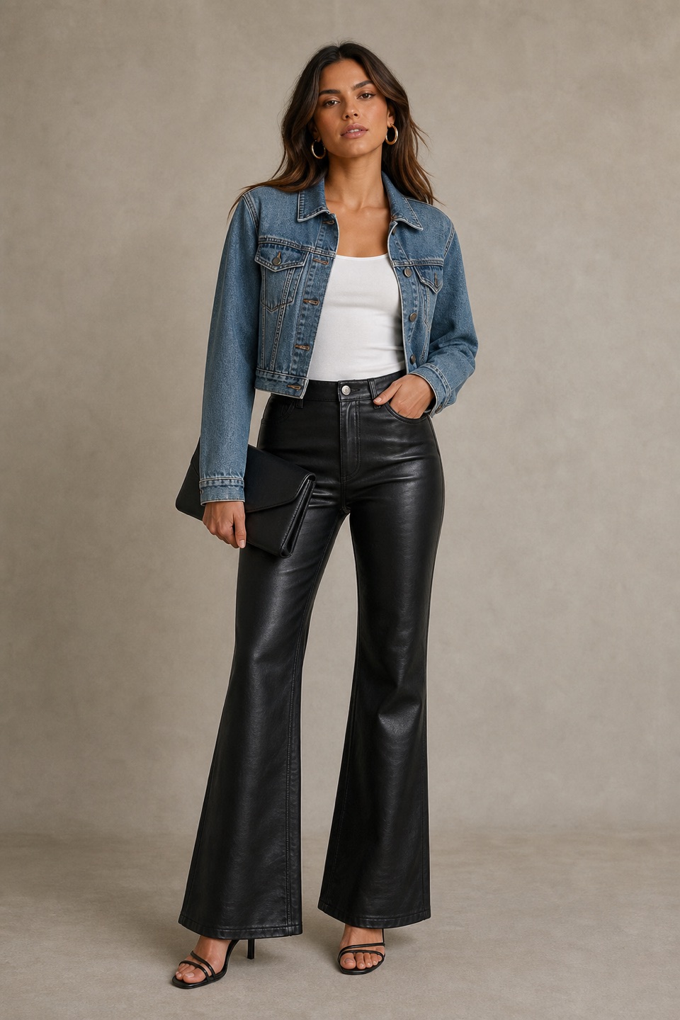 Outfit with White Camisole Tank Top, Black Leather Flare Pants, Cropped Denim Jacket curated by @dopasnap