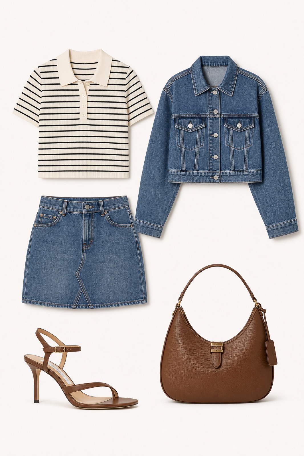 Outfit with Striped Polo Tee, Denim Mini Skirt, Cropped Denim Jacket curated by @dopasnap