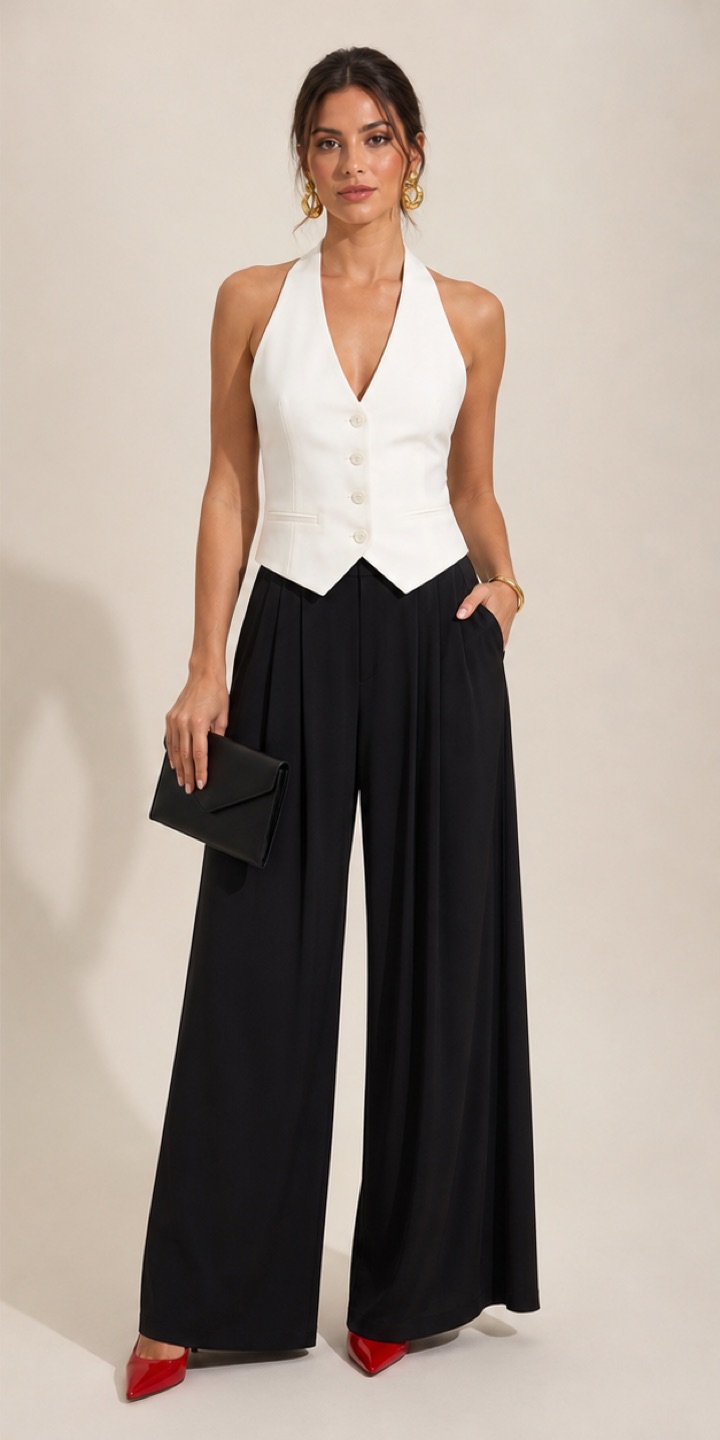 Outfit with White halter waistcoat top, Black flowing palazzo trousers, Red pointed pumps curated by @dopasnap