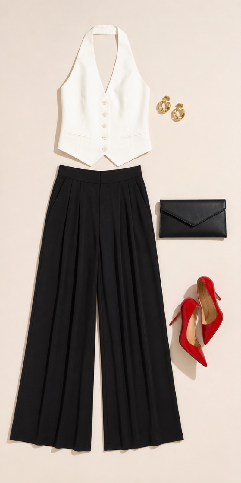 Outfit with White halter waistcoat top, Black flowing palazzo trousers, Red pointed pumps curated by @dopasnap