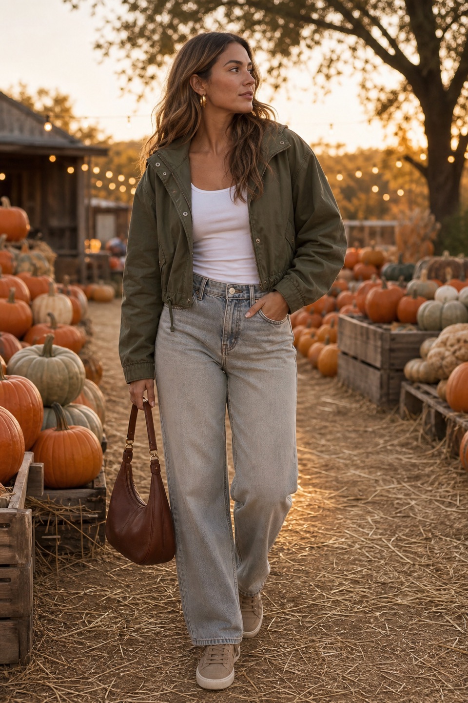 Outfit with White Tank Top, Olive Cropped Utility Anorak Jacket, Relaxed Straight Jeans curated by @dopasnap