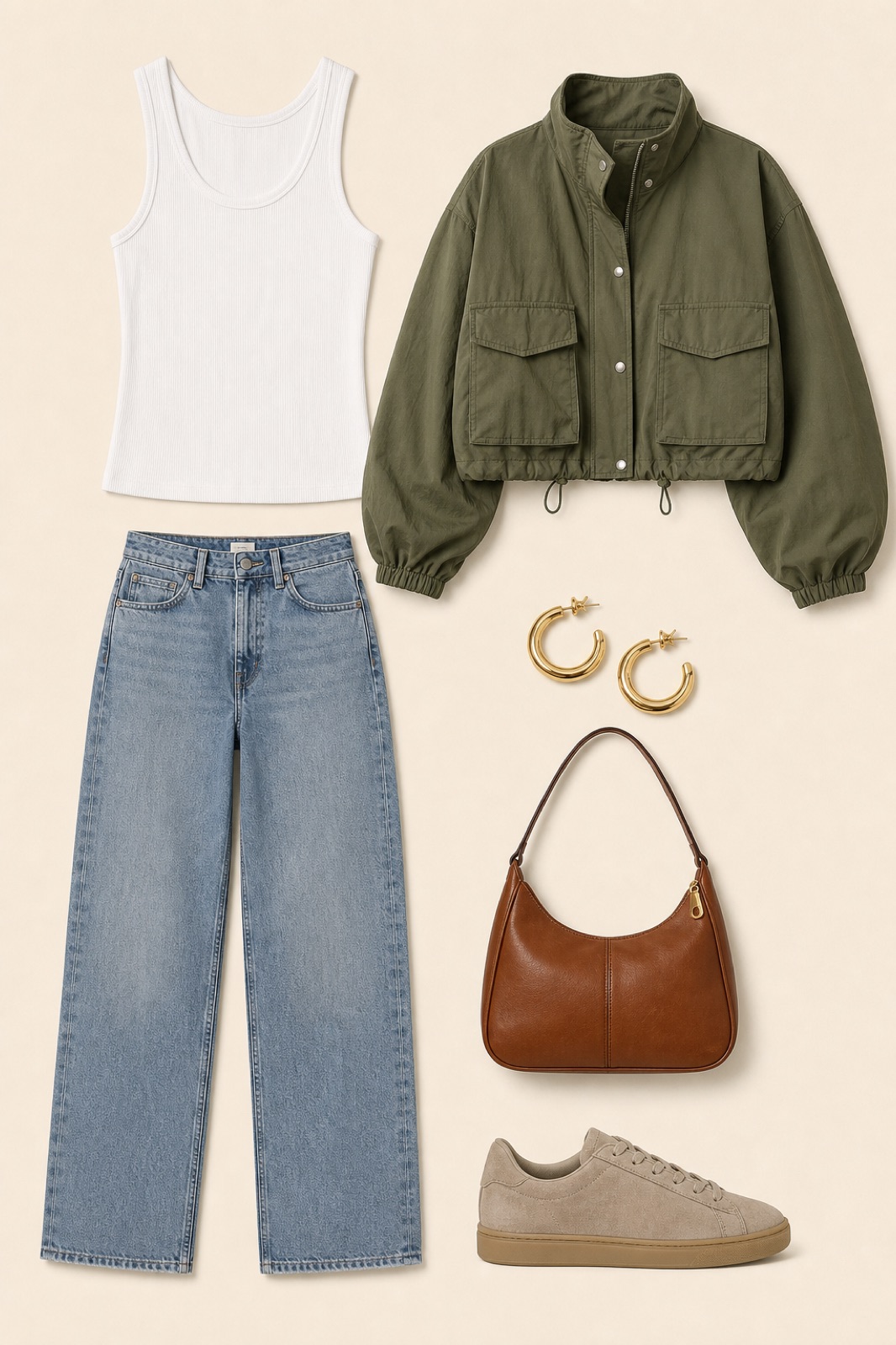 Outfit with White Tank Top, Olive Cropped Utility Anorak Jacket, Relaxed Straight Jeans curated by @dopasnap