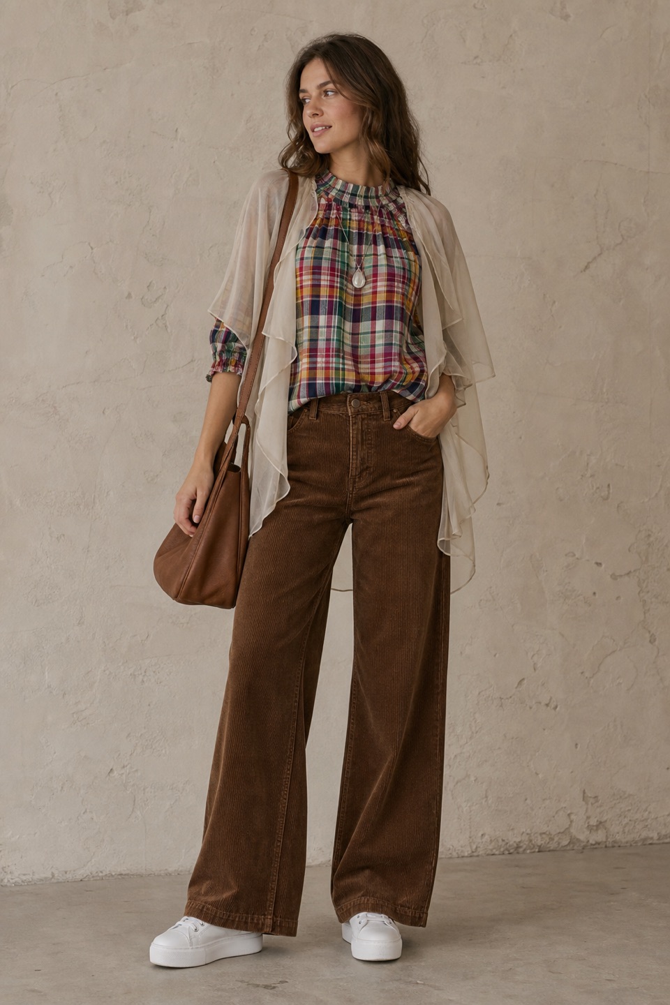 Outfit with Check-Pattern Cotton Blouse, Brown Corduroy Wide-Leg Trousers, White Platform Sneakers curated by @dopasnap