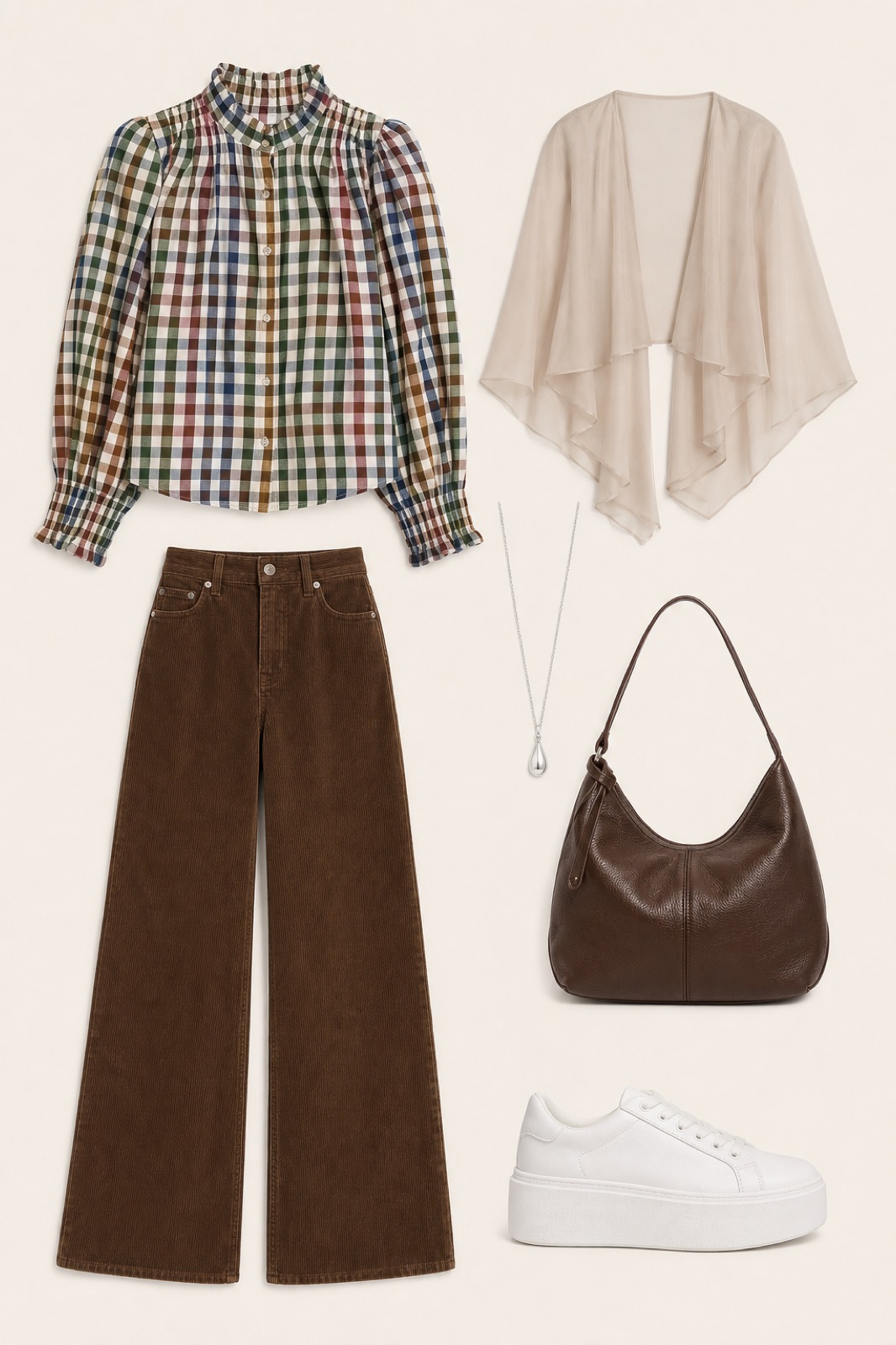 Outfit with Check-Pattern Cotton Blouse, Brown Corduroy Wide-Leg Trousers, White Platform Sneakers curated by @dopasnap