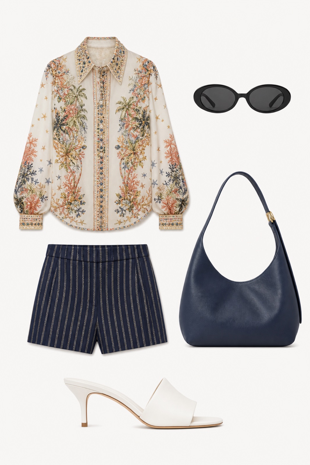 Outfit with Multicolor Embellished Cotton-Silk Blend Shirt, Navy Striped Lurex Mini Shorts, White Mule Heels curated by @dopasnap