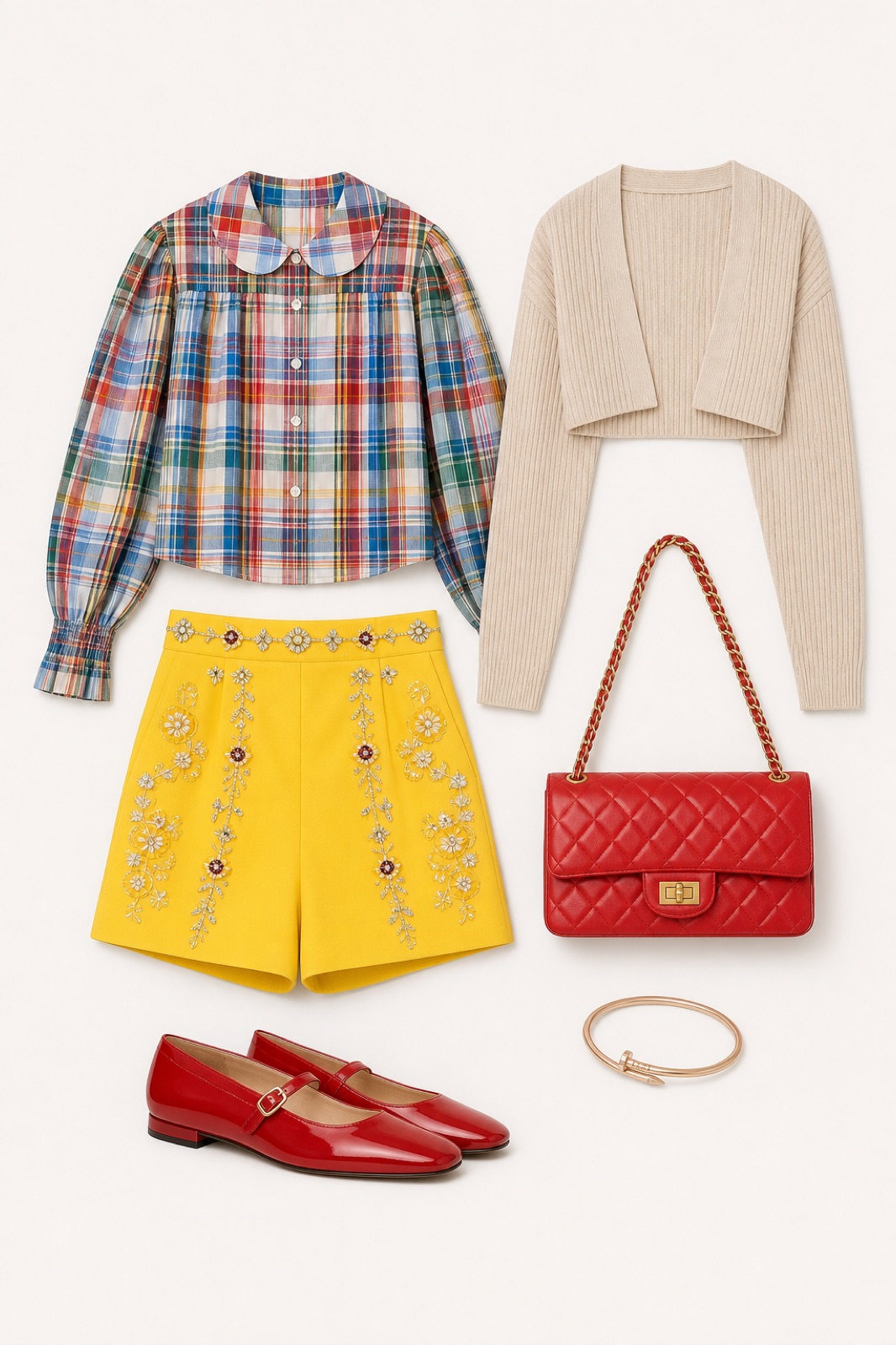 Outfit with Check-Pattern Cotton Blouse, Yellow Embellished Shorts, Red Mary Jane Flats curated by @dopasnap