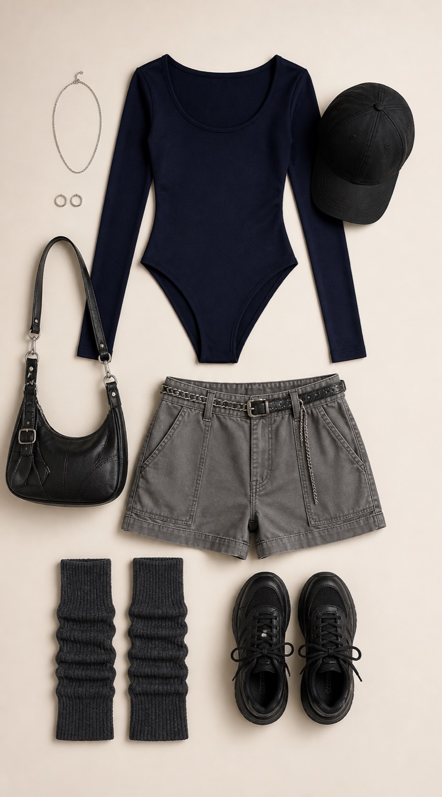 Outfit with Navy Long-Sleeve Bodysuit, Stone Cargo Shorts, Charcoal Leg Warmers curated by @dopasnap