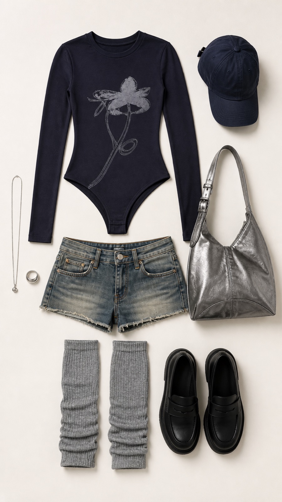 Outfit with Navy Graphic Bodysuit, Denim Short Shorts, Grey Leg Warmers curated by @dopasnap