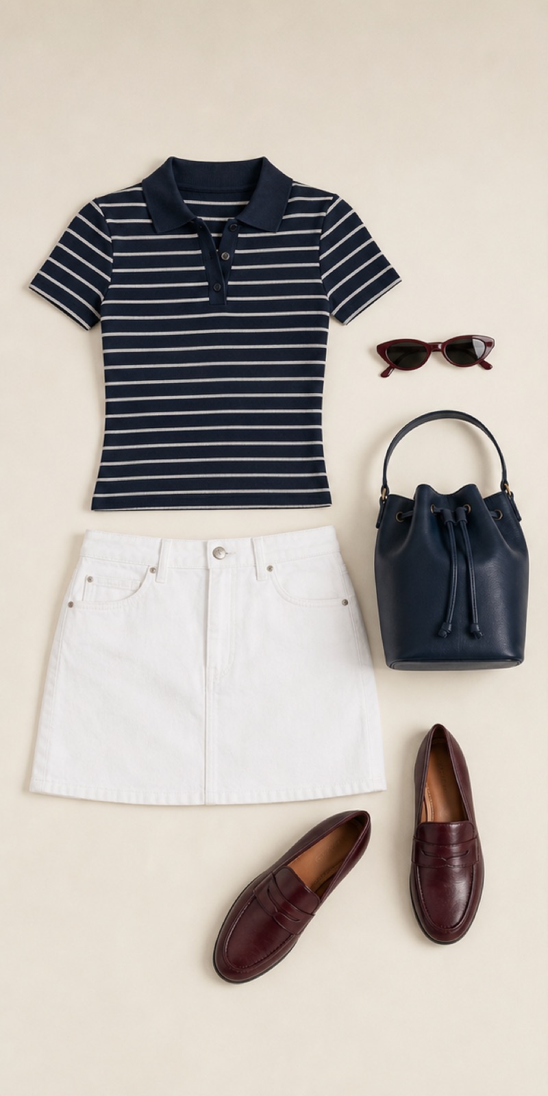 Outfit with Navy striped fitted polo shirt, White denim mini skirt, Burgundy leather loafers curated by @dopasnap