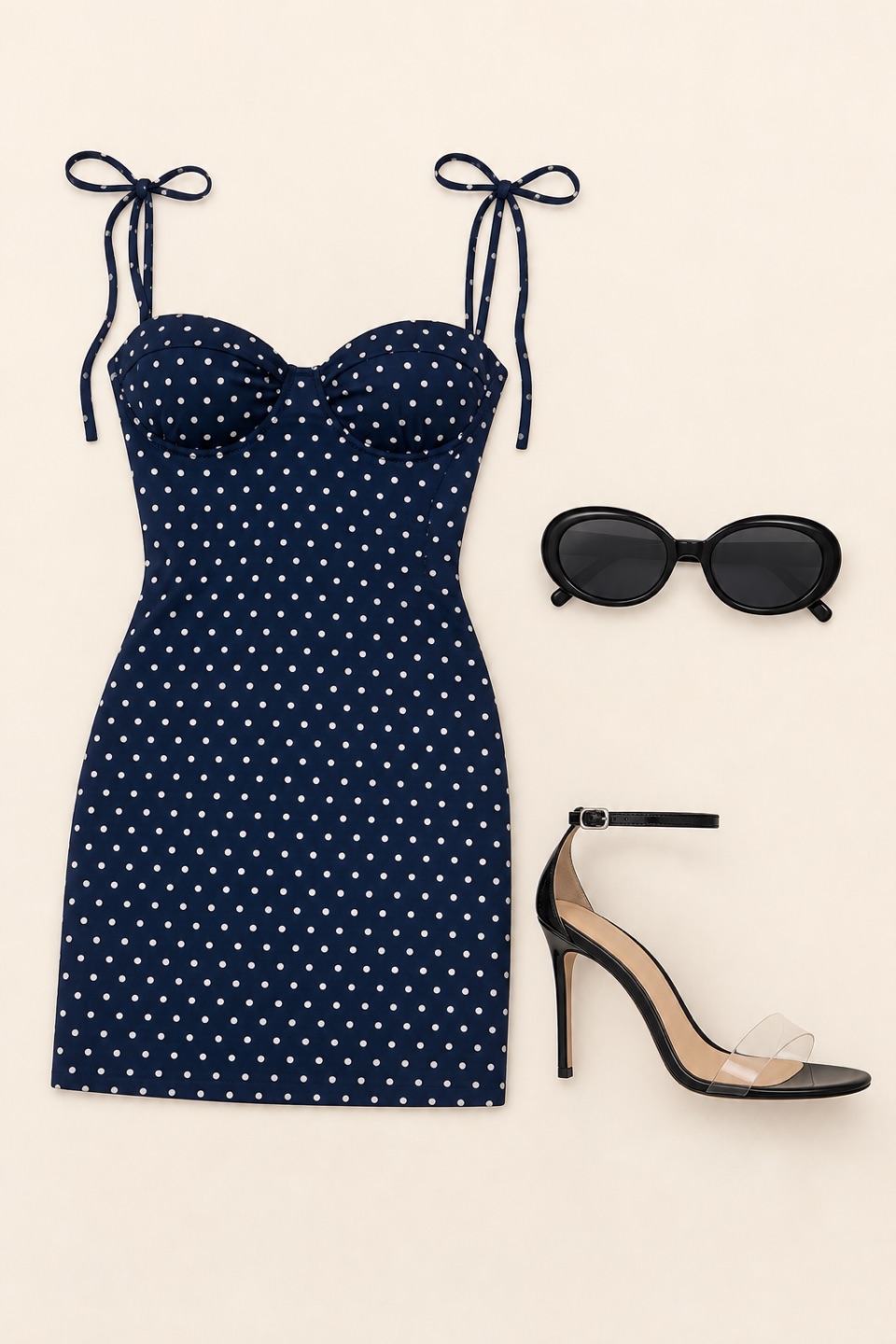 Outfit with navy polka dot sweetheart mini dress, Black Transparent Rubber Heel Sandal curated by @dopasnap