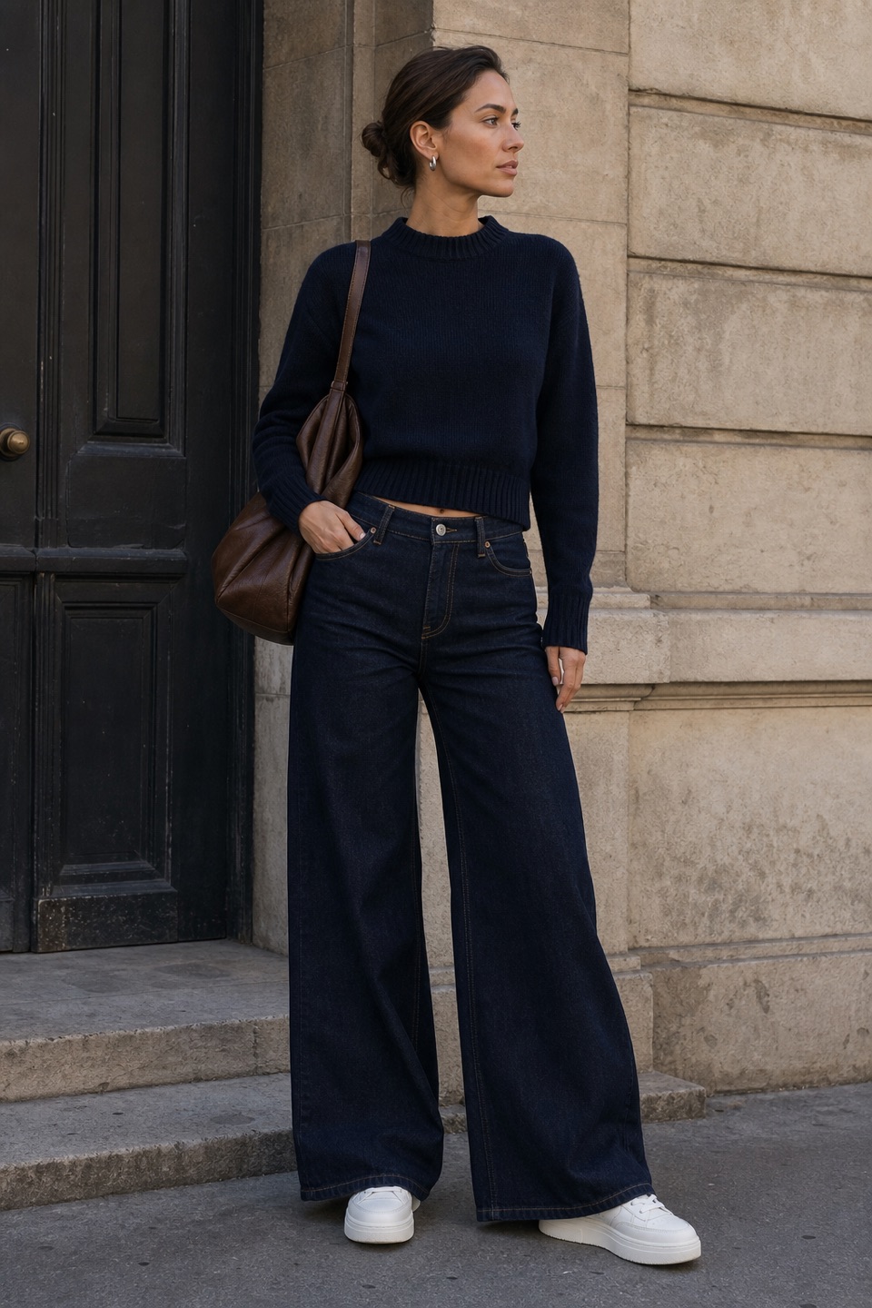 Outfit with Navy Cropped Wool Sweater, Dark Wash Wide-Leg Jeans, White Platform Sneakers curated by @dopasnap