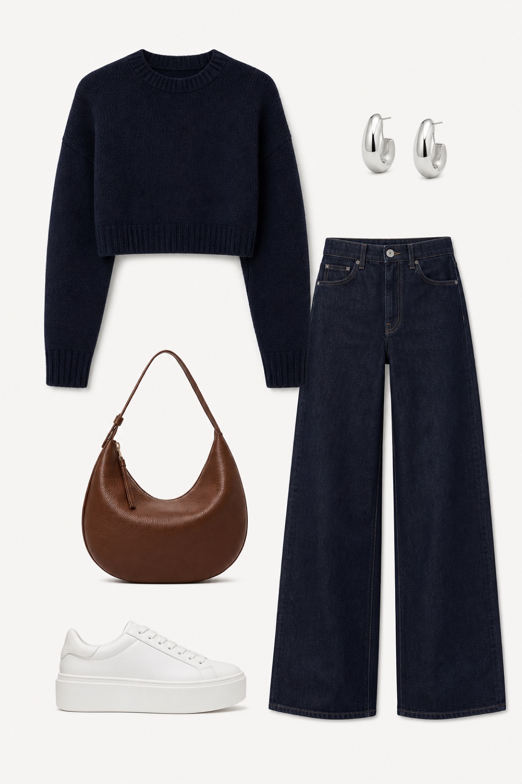 Outfit with Navy Cropped Wool Sweater, Dark Wash Wide-Leg Jeans, White Platform Sneakers curated by @dopasnap