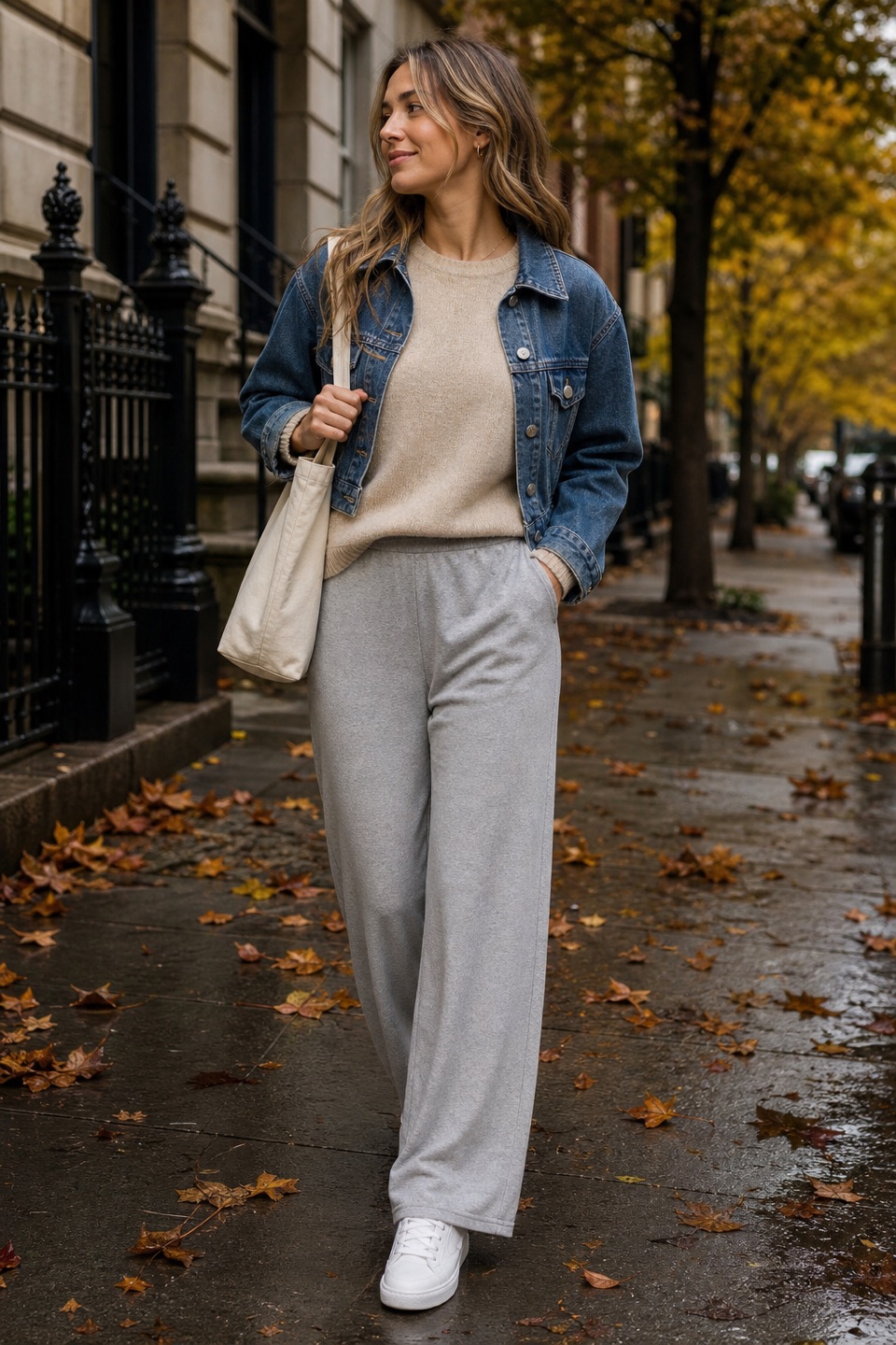 Outfit with Beige Sweater, Gray 2-pack high-waist wide-leg lounge pants, Cropped Denim Jacket curated by @dopasnap