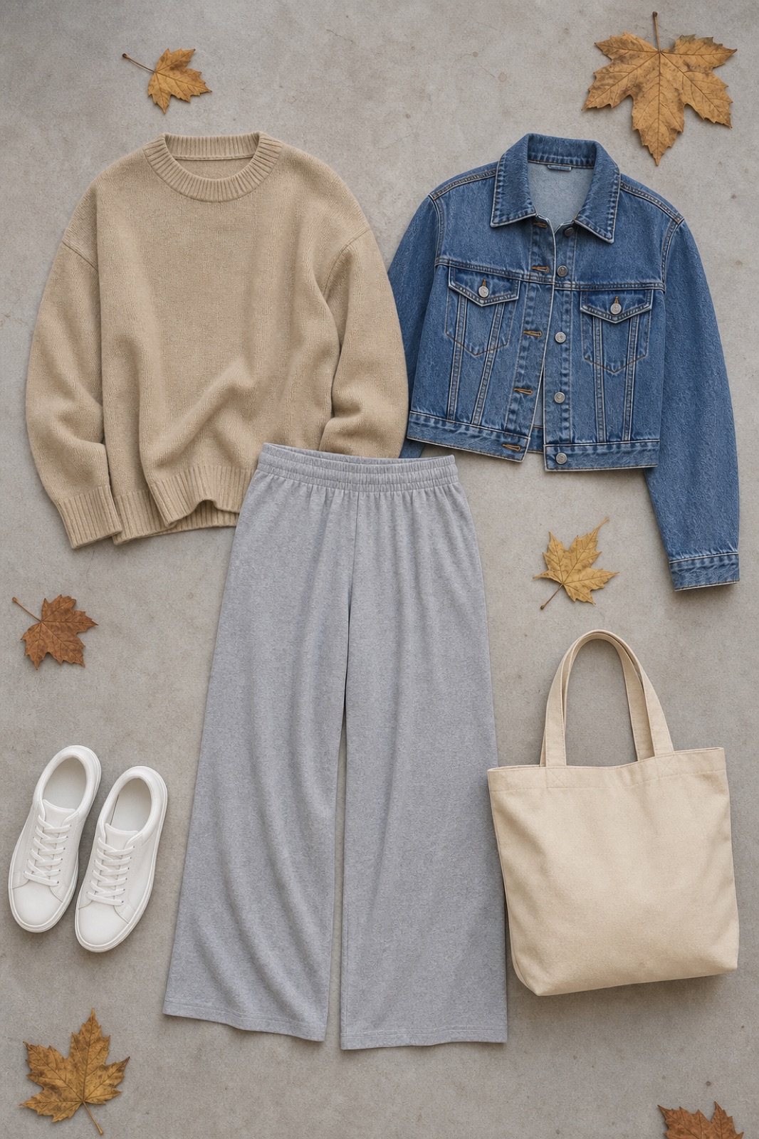 Outfit with Beige Sweater, Gray 2-pack high-waist wide-leg lounge pants, Cropped Denim Jacket curated by @dopasnap