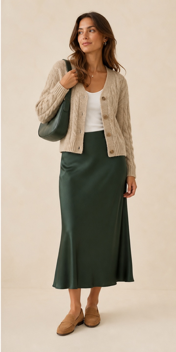 Outfit with Oatmeal cable-knit cardigan, White scoop-neck camisole, Forest-green satin midi skirt curated by @dopasnap