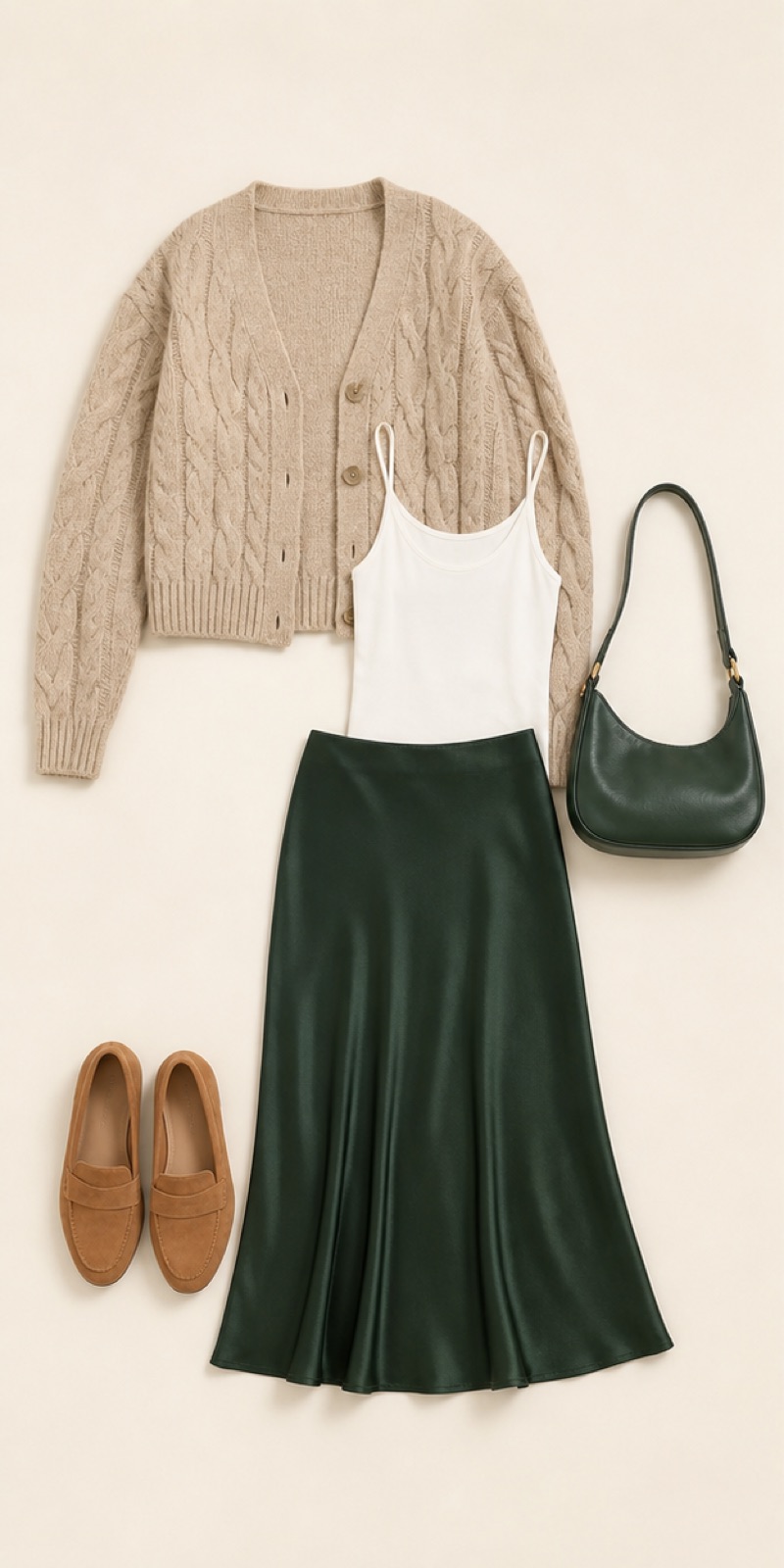 Outfit with Oatmeal cable-knit cardigan, White scoop-neck camisole, Forest-green satin midi skirt curated by @dopasnap