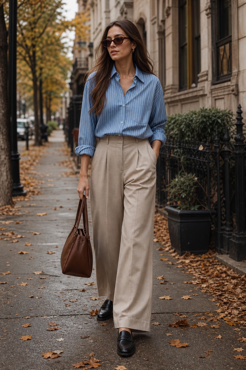 Outfit with Blue Striped Button-Up Shirt, Wide-Leg Trousers, Black leather loafers curated by @dopasnap