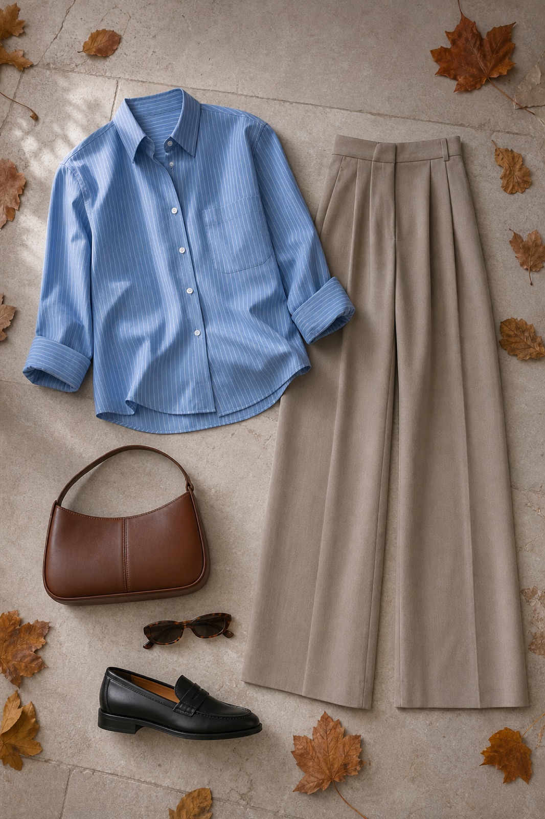 Outfit with Blue Striped Button-Up Shirt, Wide-Leg Trousers, Black leather loafers curated by @dopasnap