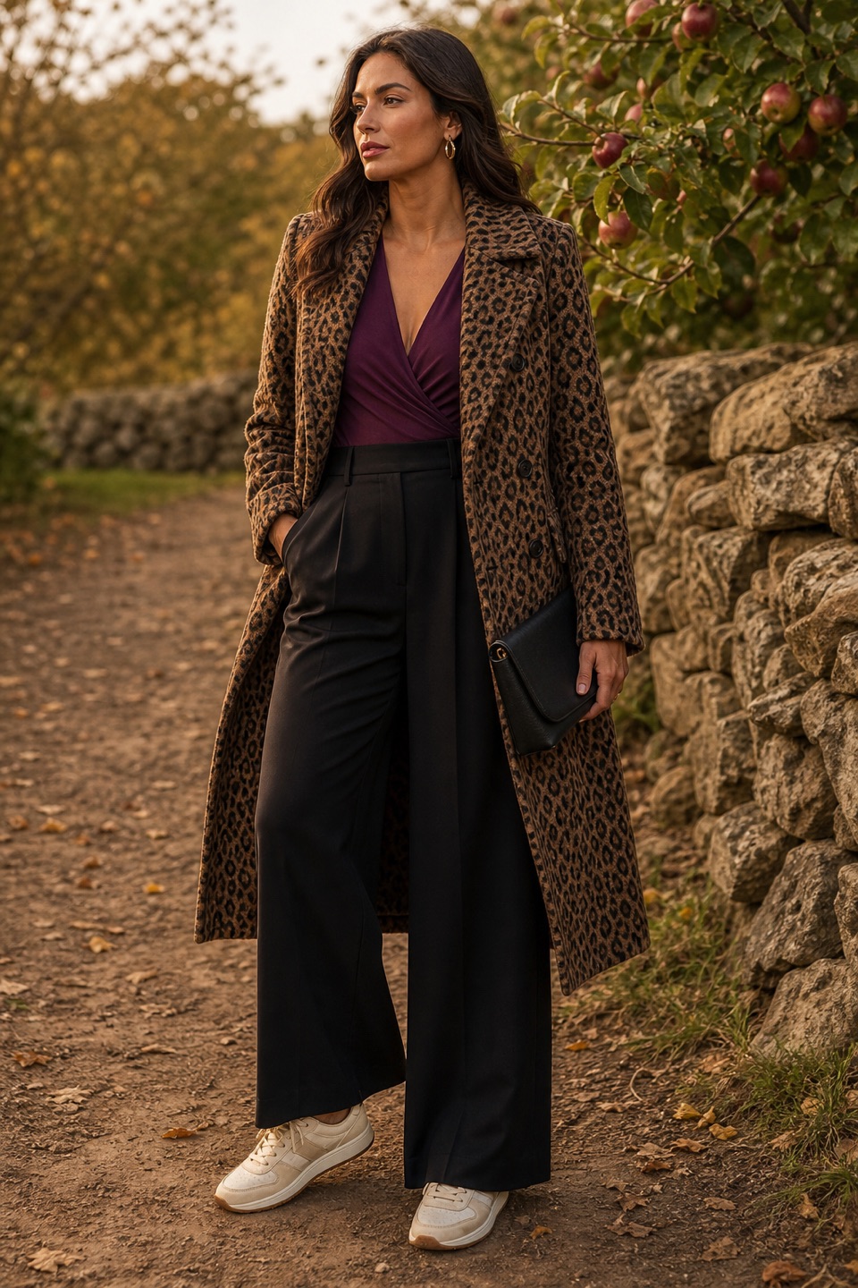 Outfit with Purple plum long sleeve plunge top, black tall high-waist wide-leg trousers, Brown Leopard-Print Double-Breasted Long Coat curated by @dopasnap