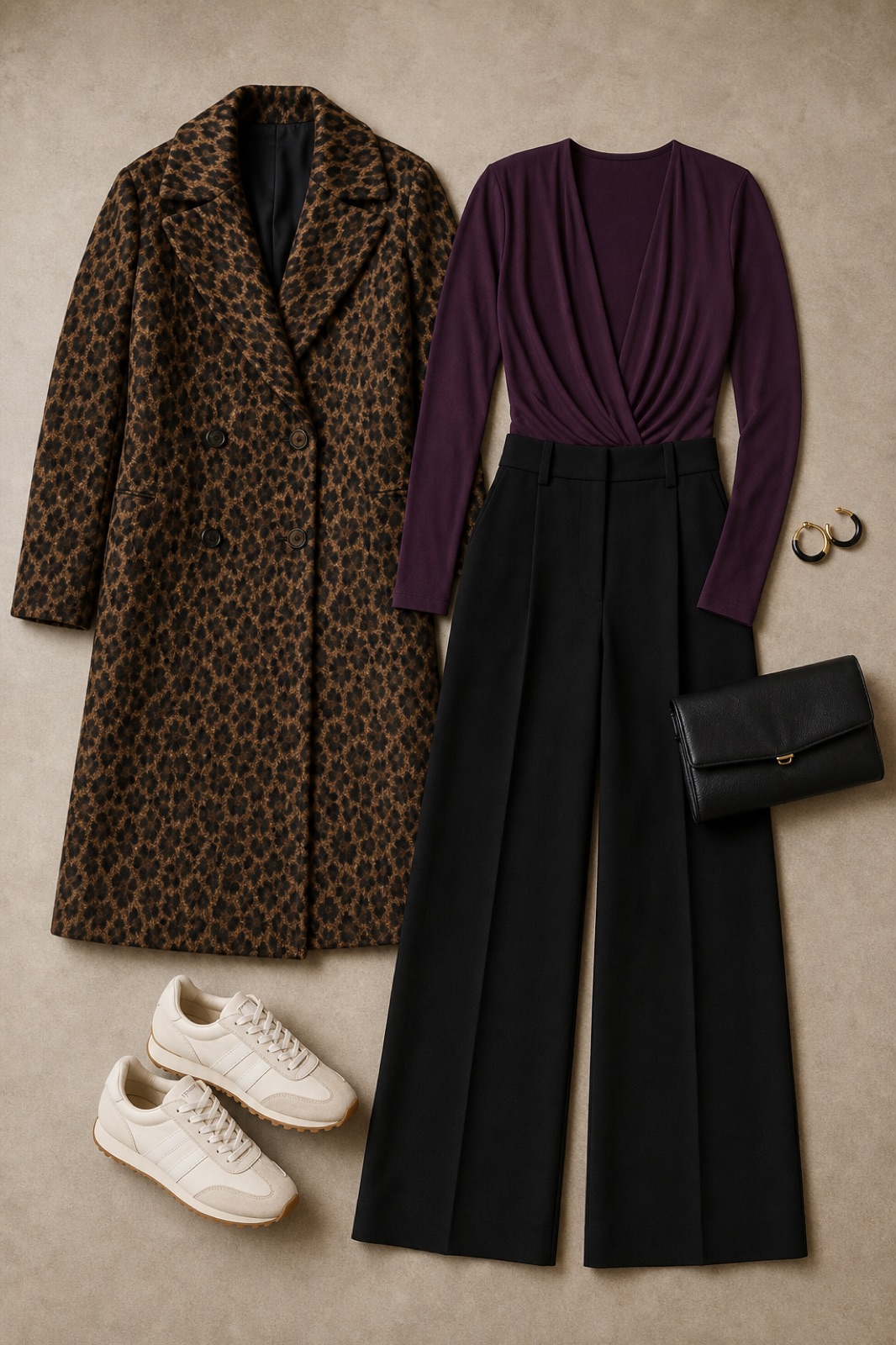 Outfit with Purple plum long sleeve plunge top, black tall high-waist wide-leg trousers, Brown Leopard-Print Double-Breasted Long Coat curated by @dopasnap